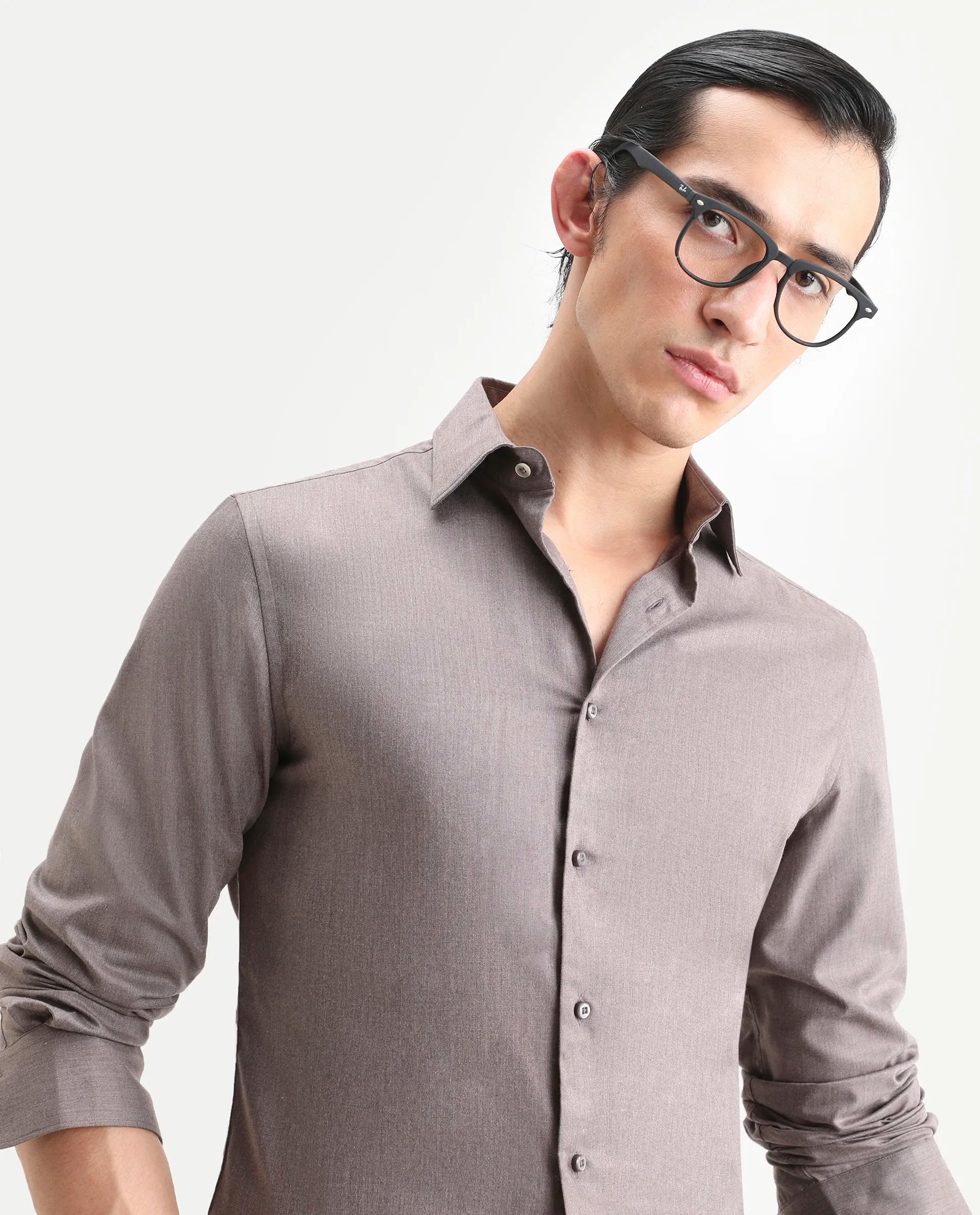 Rare Rabbit Men's Gunjo 25 Dusky Brown Cotton Blend Plain Regular Fit Full Sleeve Collared Shirt