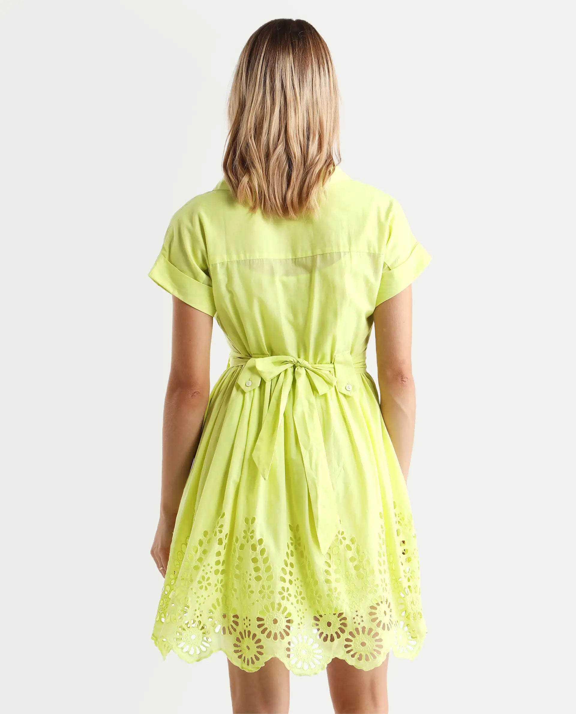 Rareism Women's Gunthaar Light Green Cotton Lapel Neck Schiffli Extended Sleeves Mini Flared Dress