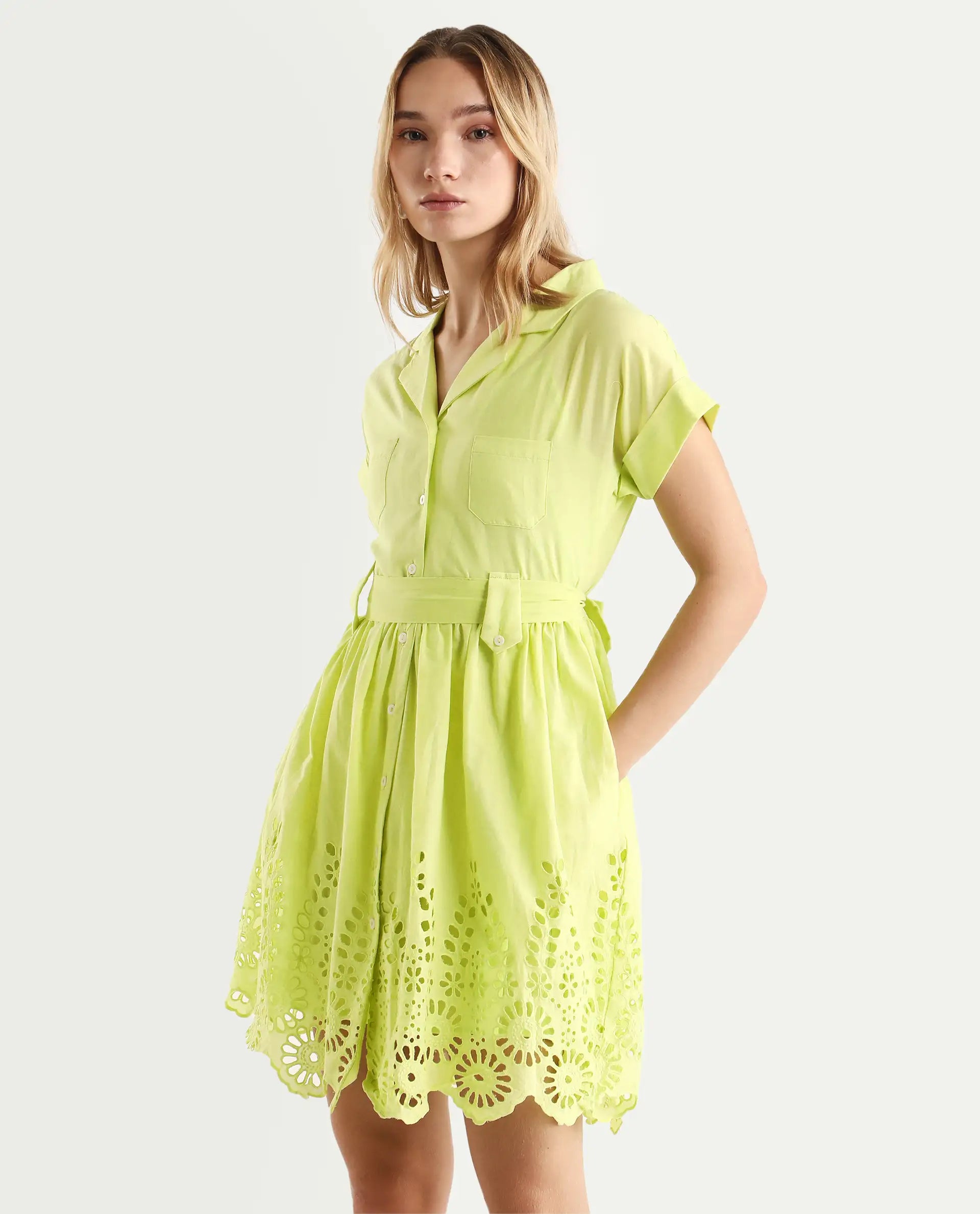 Rareism Women's Gunthaar Light Green Cotton Lapel Neck Schiffli Extended Sleeves Mini Flared Dress