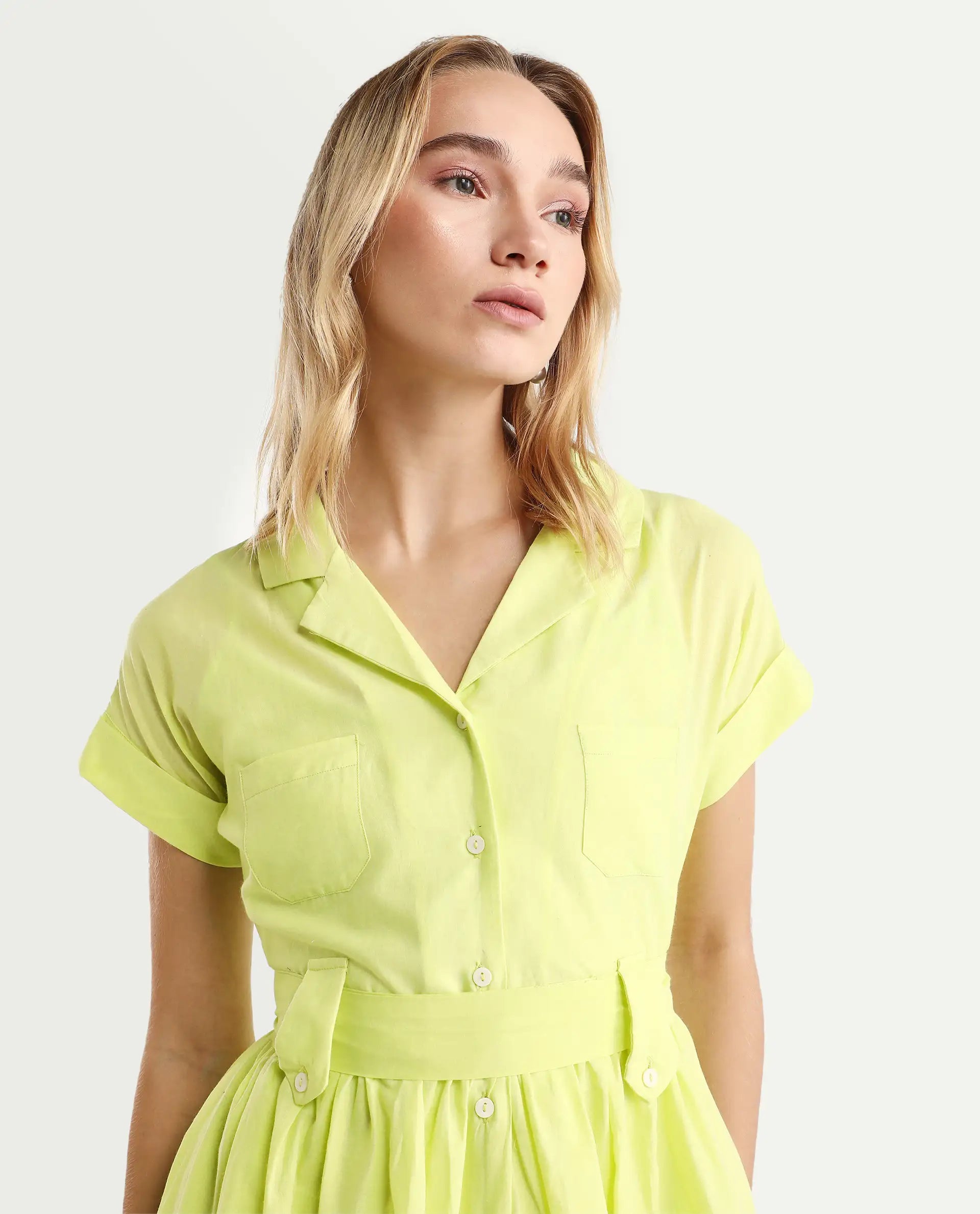 Rareism Women's Gunthaar Light Green Cotton Lapel Neck Schiffli Extended Sleeves Mini Flared Dress