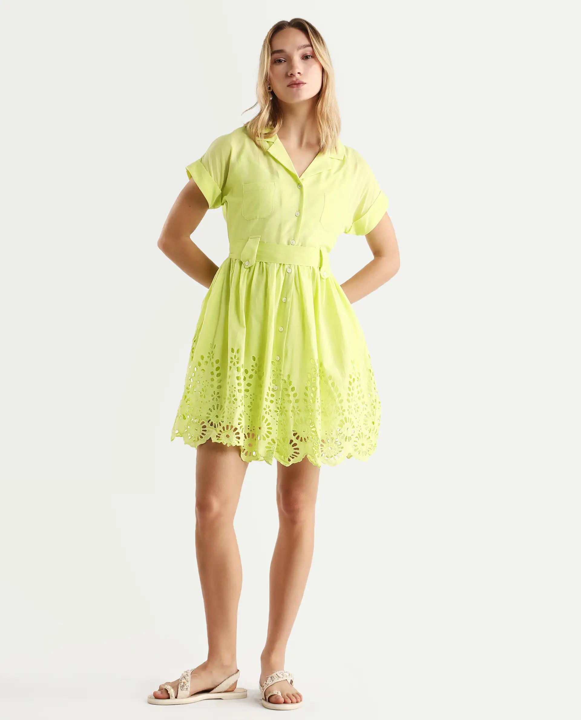 Rareism Women's Gunthaar Light Green Cotton Lapel Neck Schiffli Extended Sleeves Mini Flared Dress