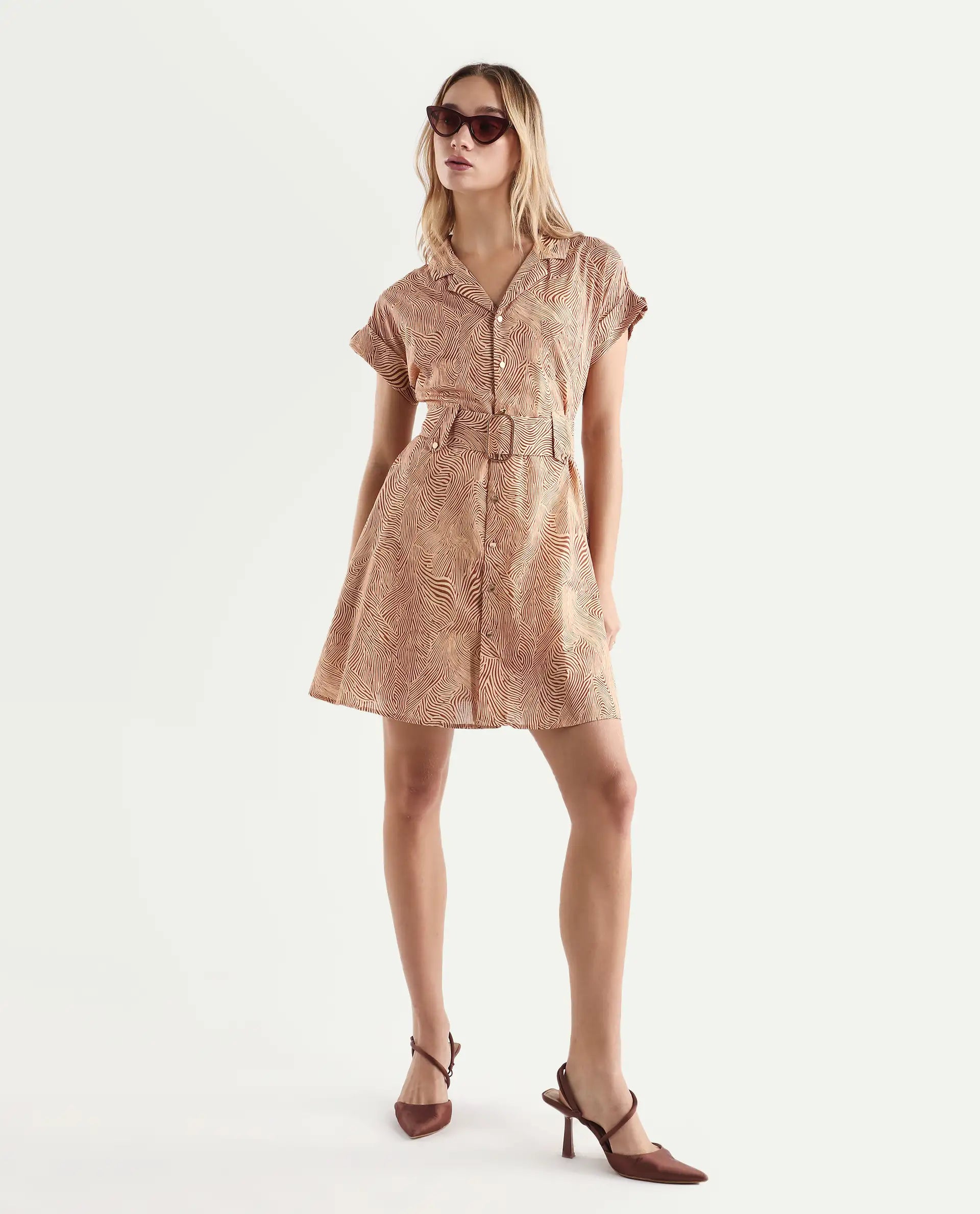 Rareism Women's Gunther Light Beige Cotton Lapel Neck Geometric Print Extended Sleeves Mini A-Line Dress