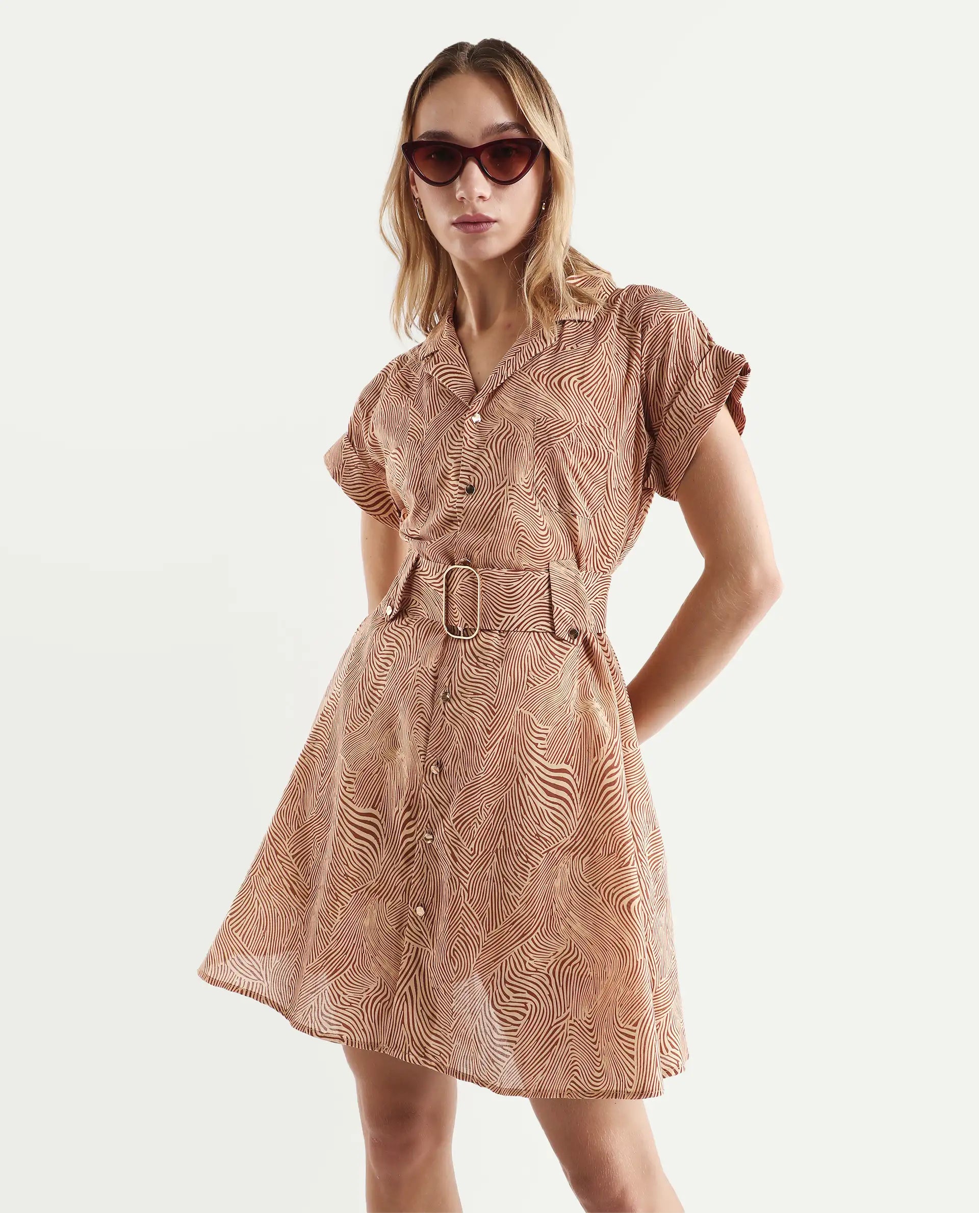 Rareism Women's Gunther Light Beige Cotton Lapel Neck Geometric Print Extended Sleeves Mini A-Line Dress