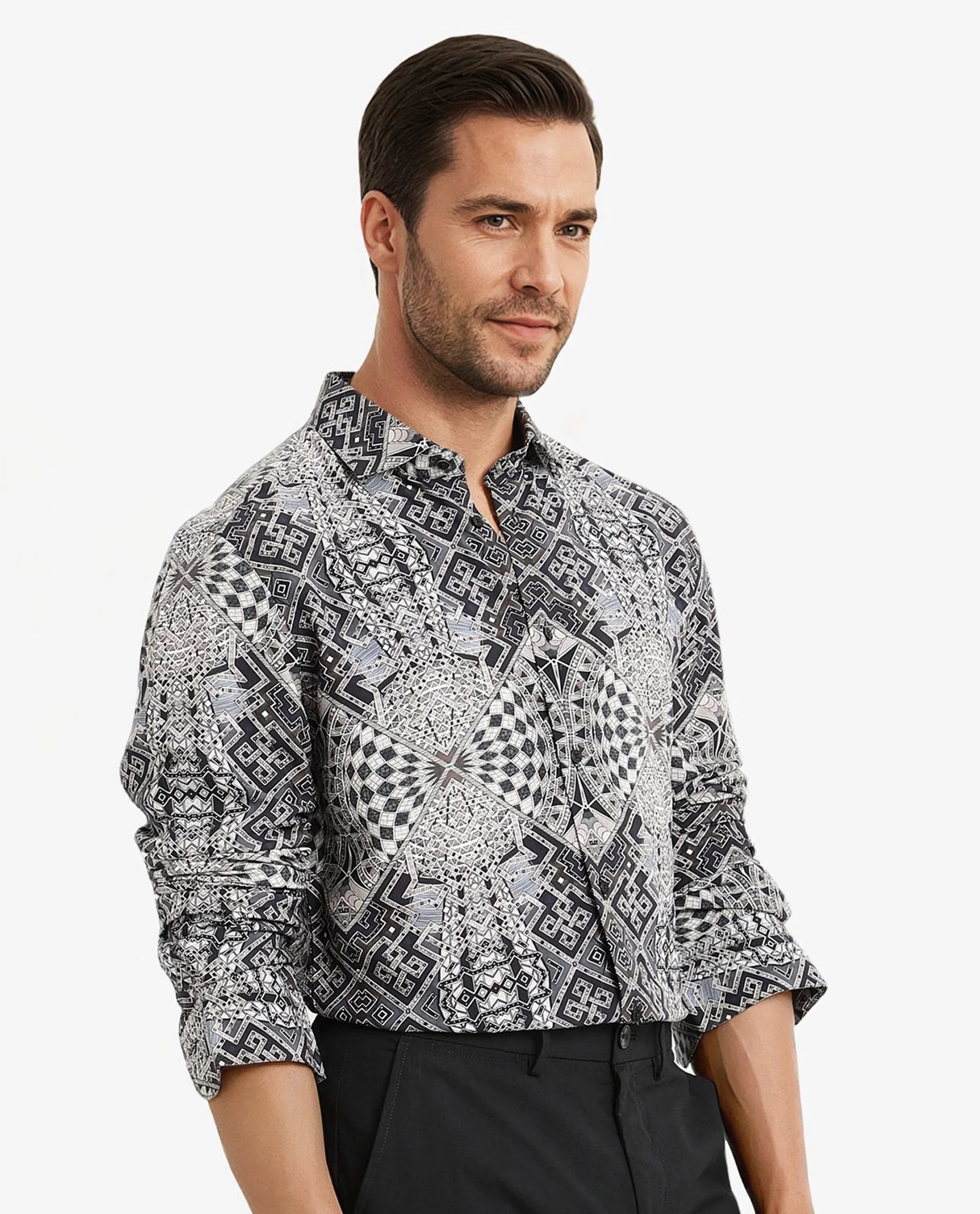 Rare Rabbit Men Guret Black Viscose Fabric Full Sleeve Regular Fit Art Decorative Print Shirt