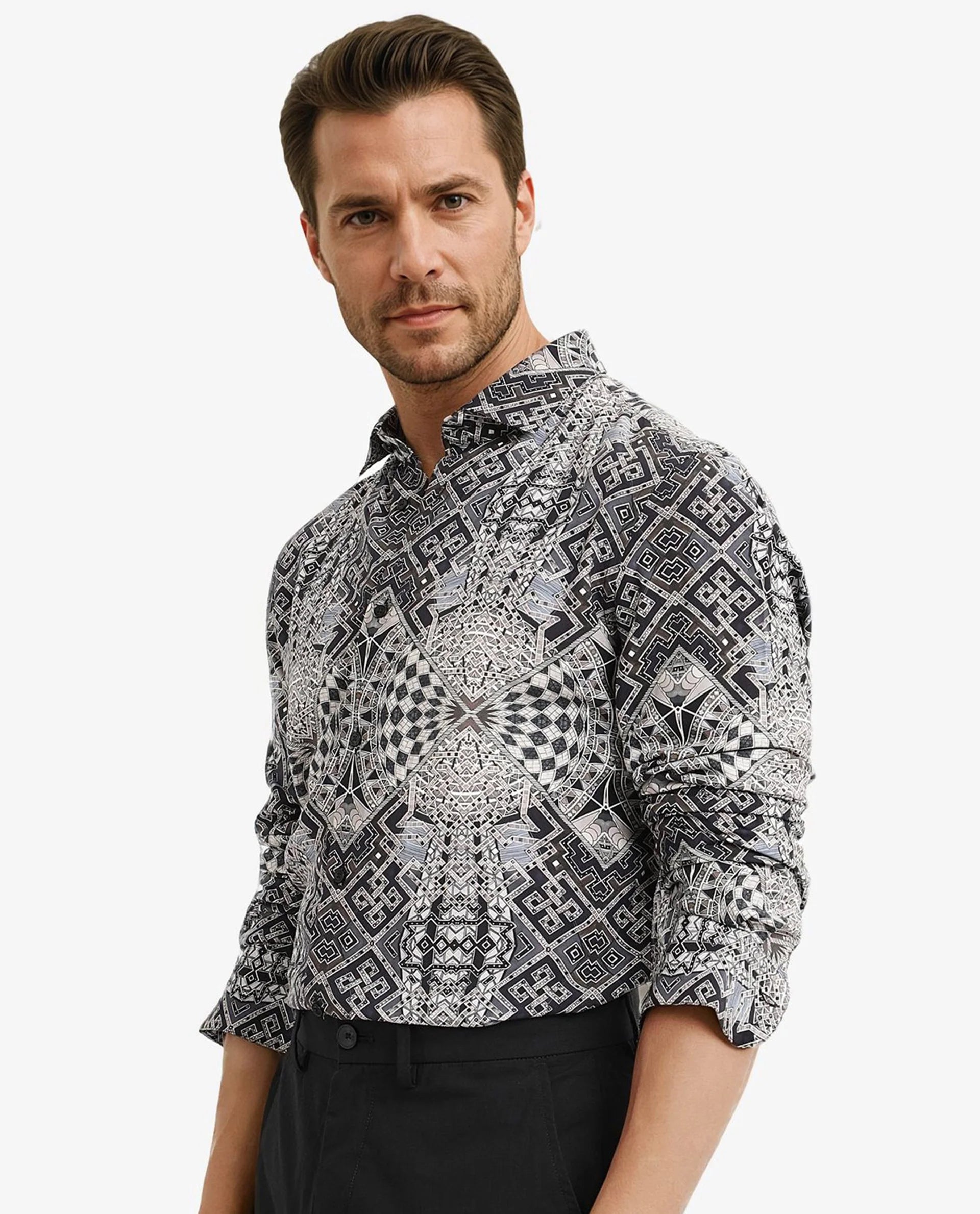 Rare Rabbit Men Guret Black Viscose Fabric Full Sleeve Regular Fit Art Decorative Print Shirt