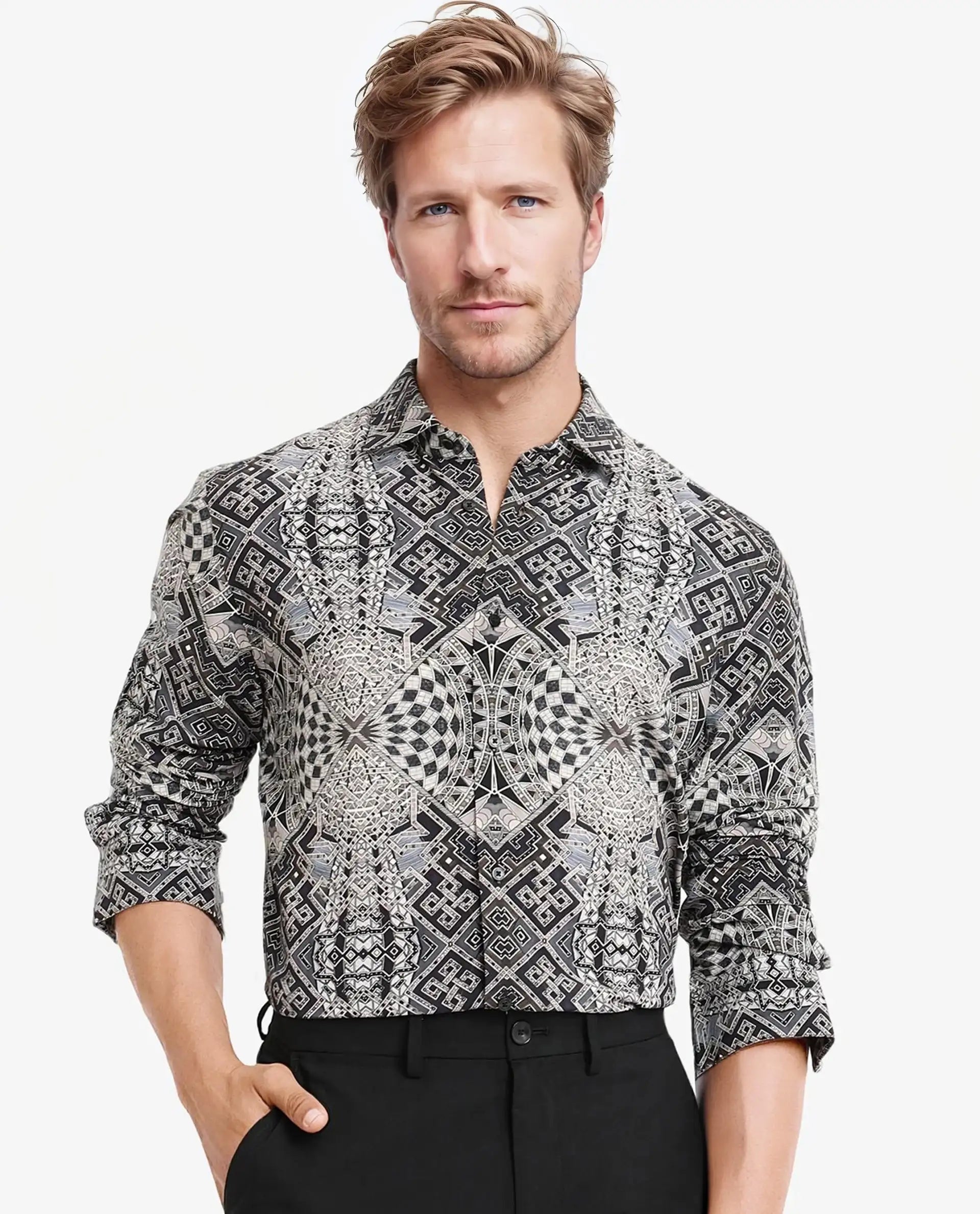 Rare Rabbit Men Guret Black Viscose Fabric Full Sleeve Regular Fit Art Decorative Print Shirt