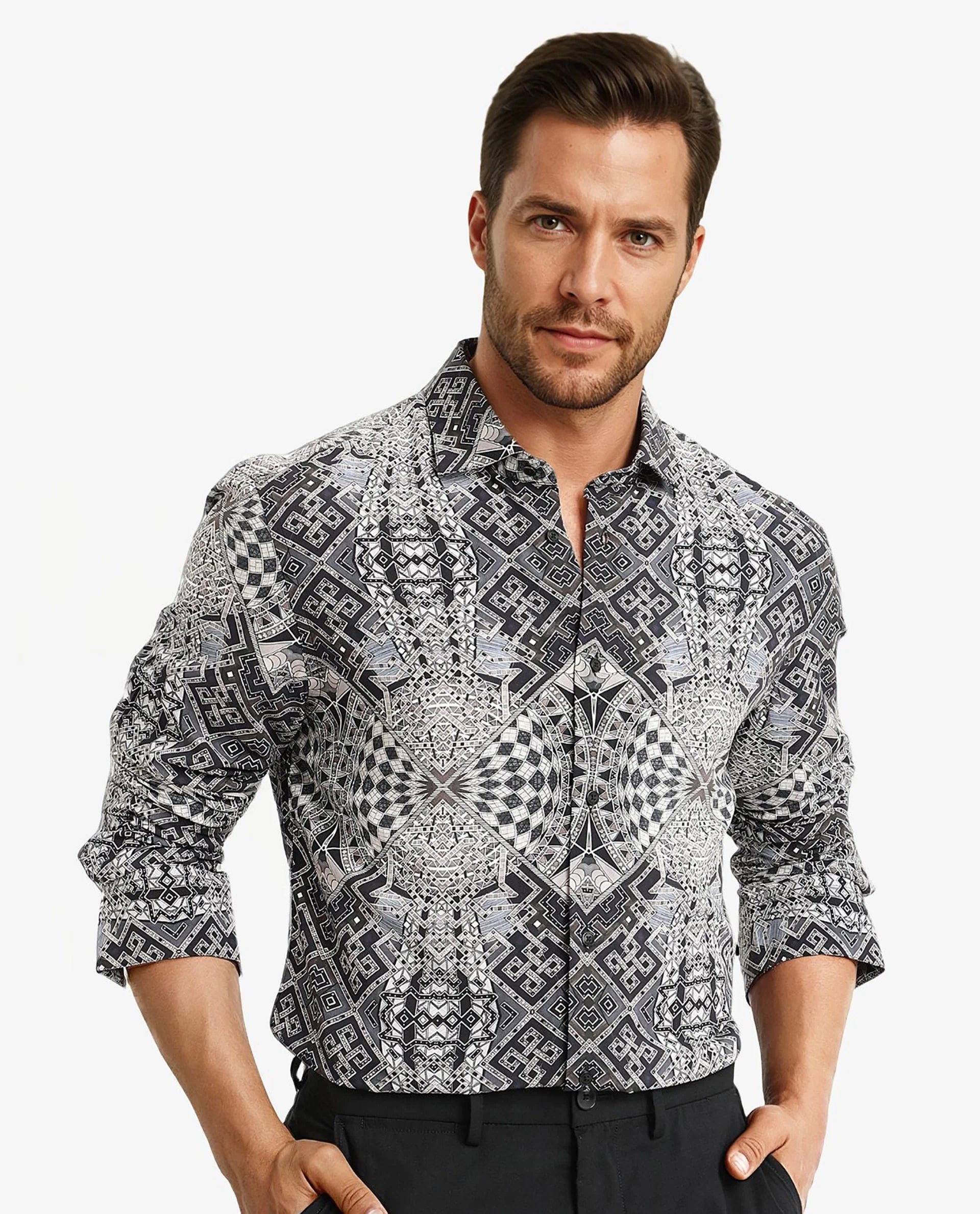 Rare Rabbit Men Guret Black Viscose Fabric Full Sleeve Regular Fit Art Decorative Print Shirt