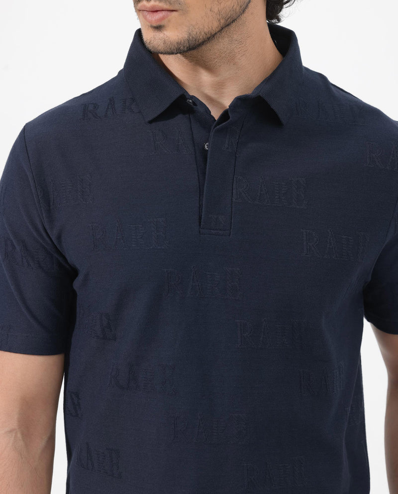 Rare Rabbit Mens Gesset-2 Dusky Navy Short Sleeve Jacquard Textured Statement Polo T-Shirt