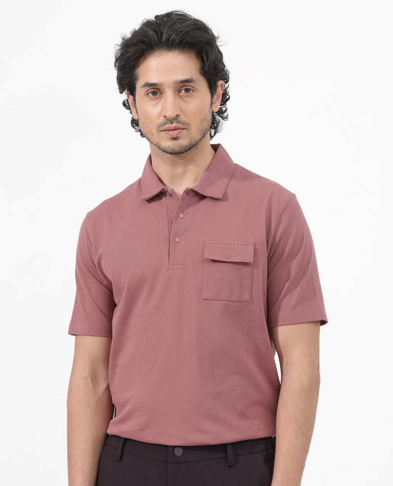 Rare Rabbit Mens Paxton Dusky pink Short Sleeve Snap Button Closure Solid Polo T-Shirt