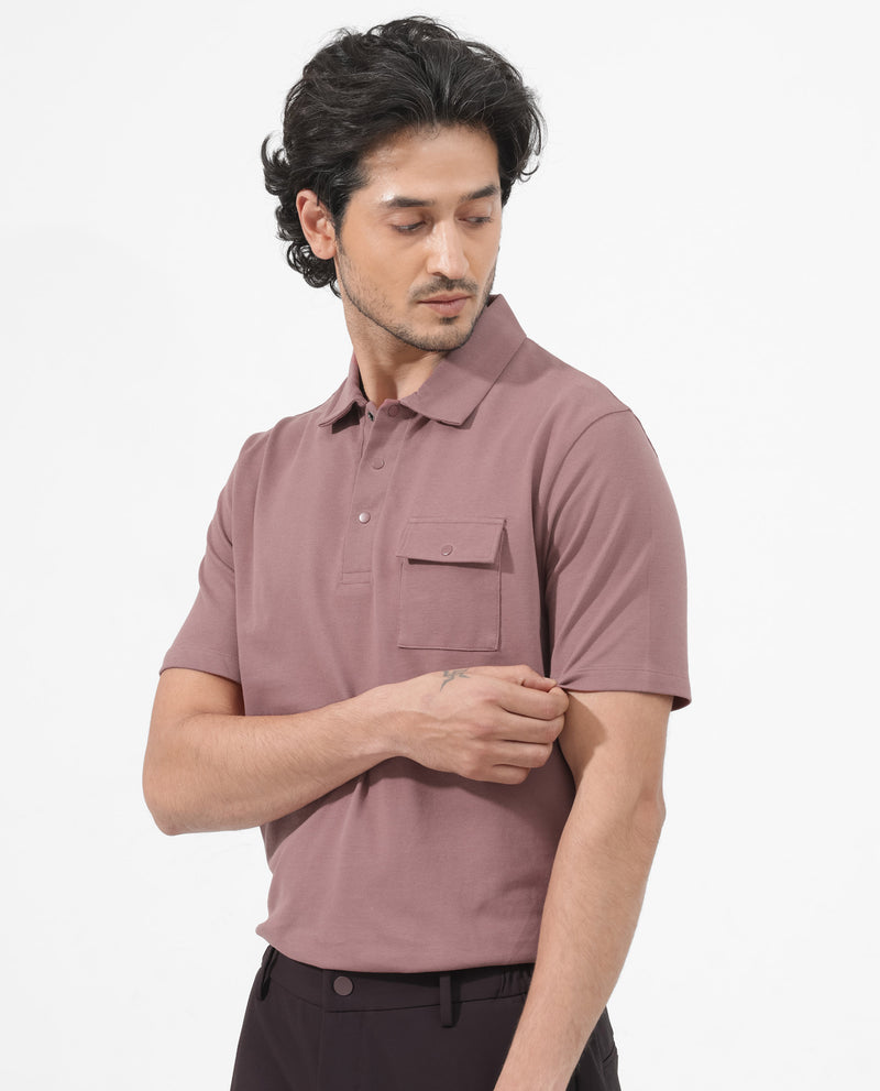 Rare Rabbit Mens Paxton Dusky pink Short Sleeve Snap Button Closure Solid Polo T-Shirt