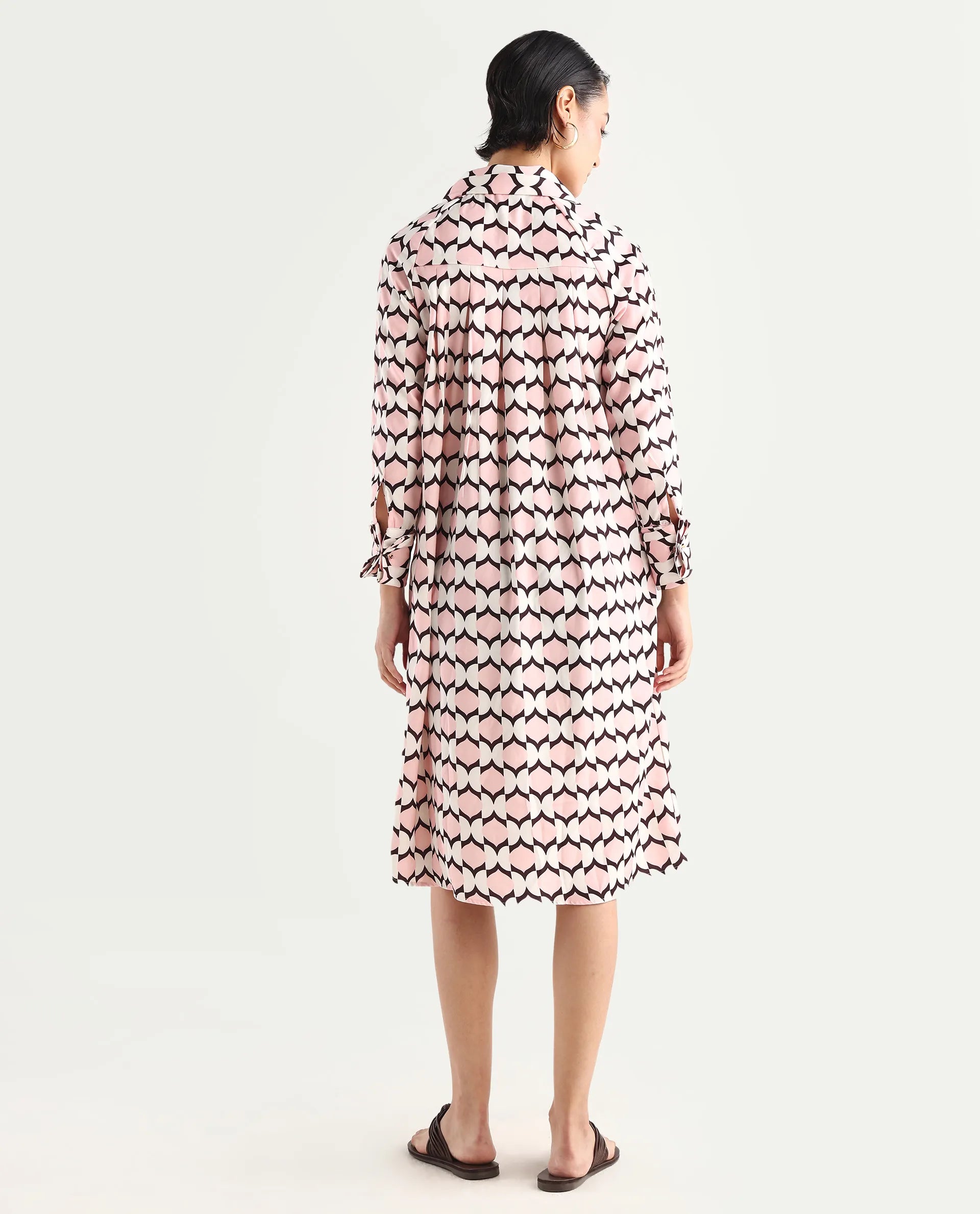 Rareism Women's Gyumri Light Multi Twill Spread Collar Geometric Print Raglan Sleeve Midi A-Line Dress