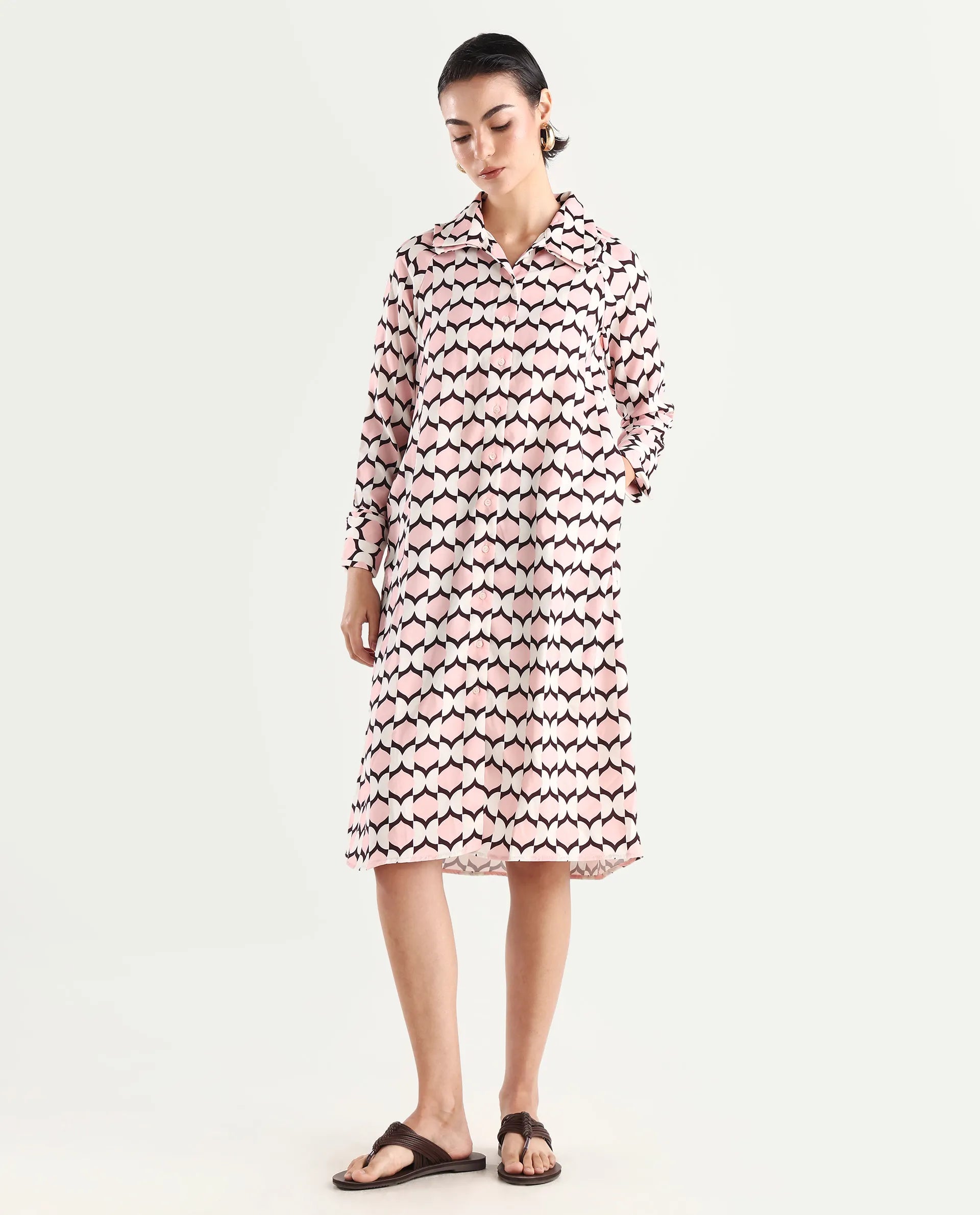 Rareism Women's Gyumri Light Multi Twill Spread Collar Geometric Print Raglan Sleeve Midi A-Line Dress