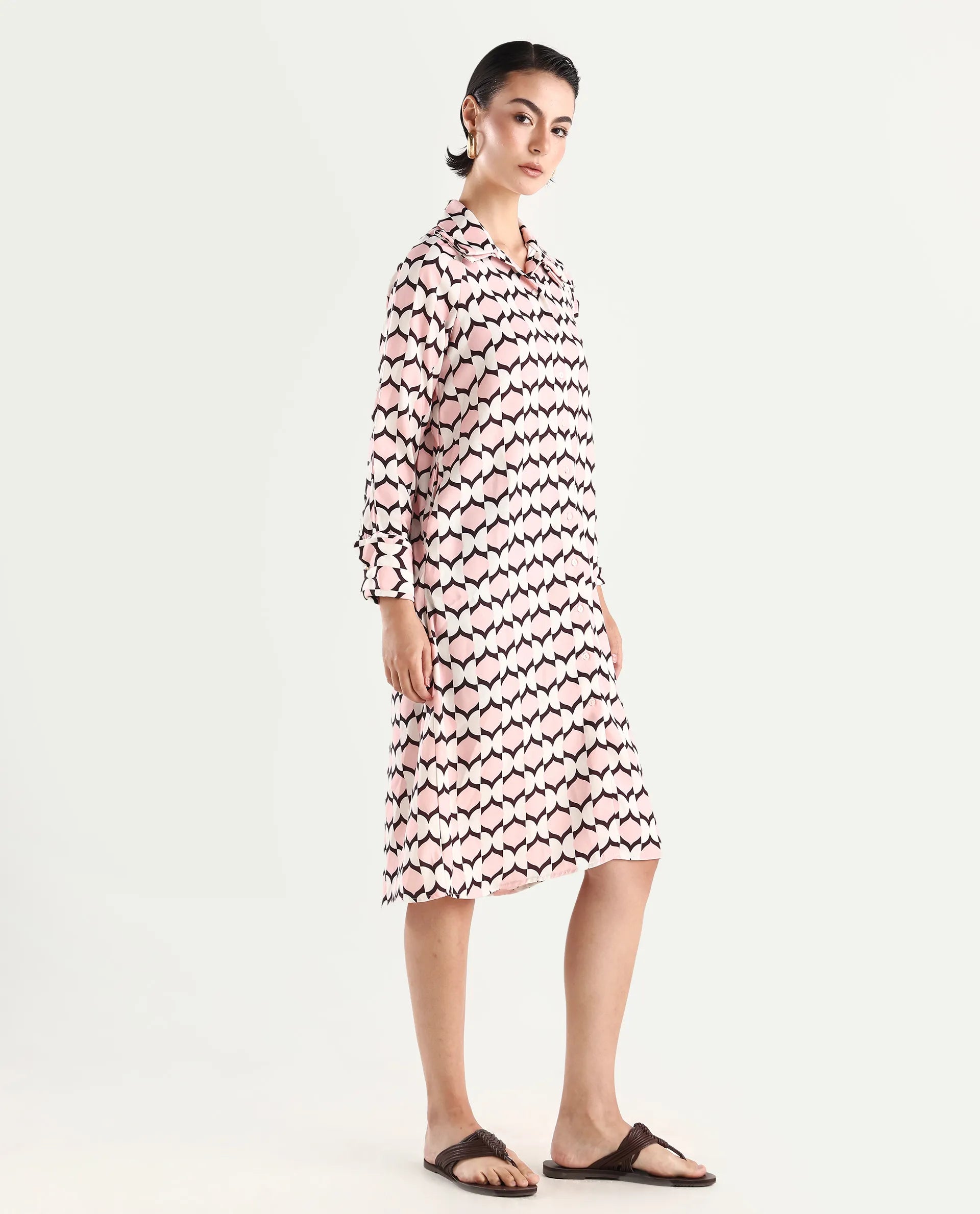 Rareism Women's Gyumri Light Multi Twill Spread Collar Geometric Print Raglan Sleeve Midi A-Line Dress