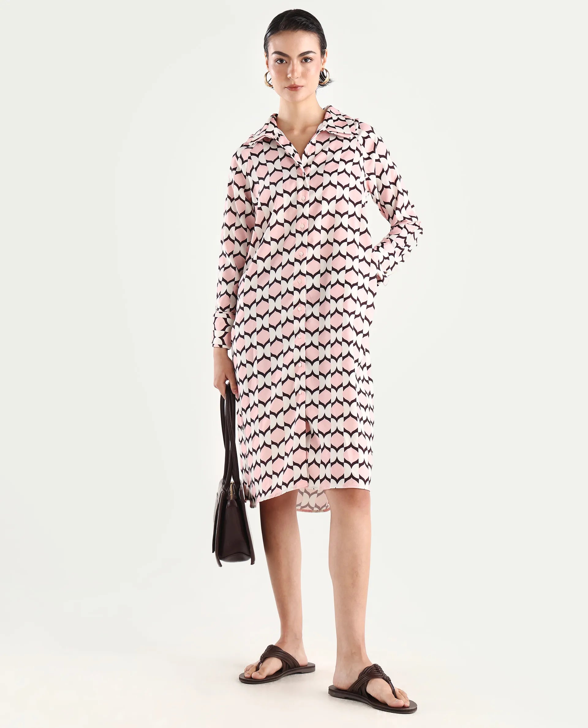 Rareism Women's Gyumri Light Multi Twill Spread Collar Geometric Print Raglan Sleeve Midi A-Line Dress