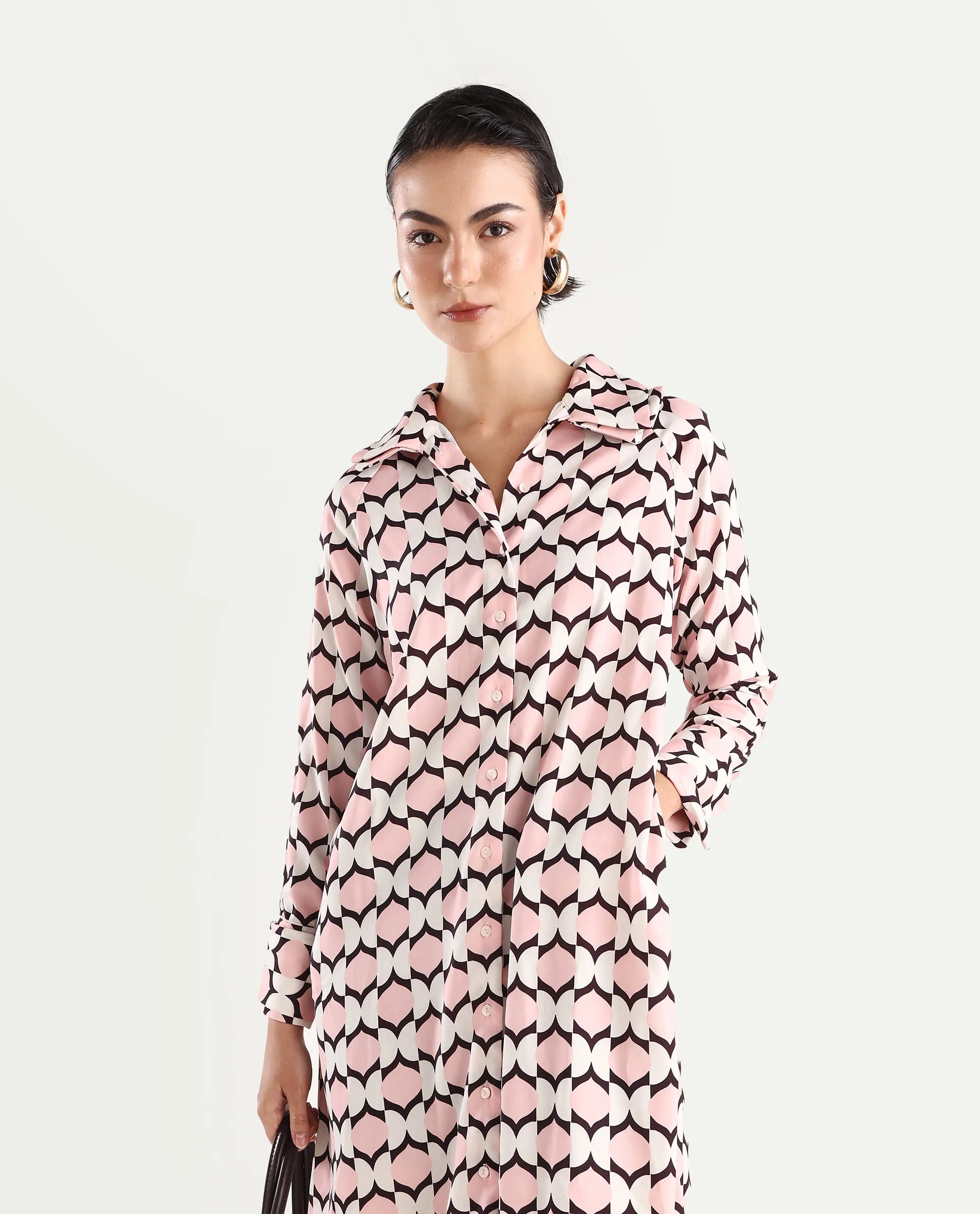 Rareism Women's Gyumri Light Multi Twill Spread Collar Geometric Print Raglan Sleeve Midi A-Line Dress