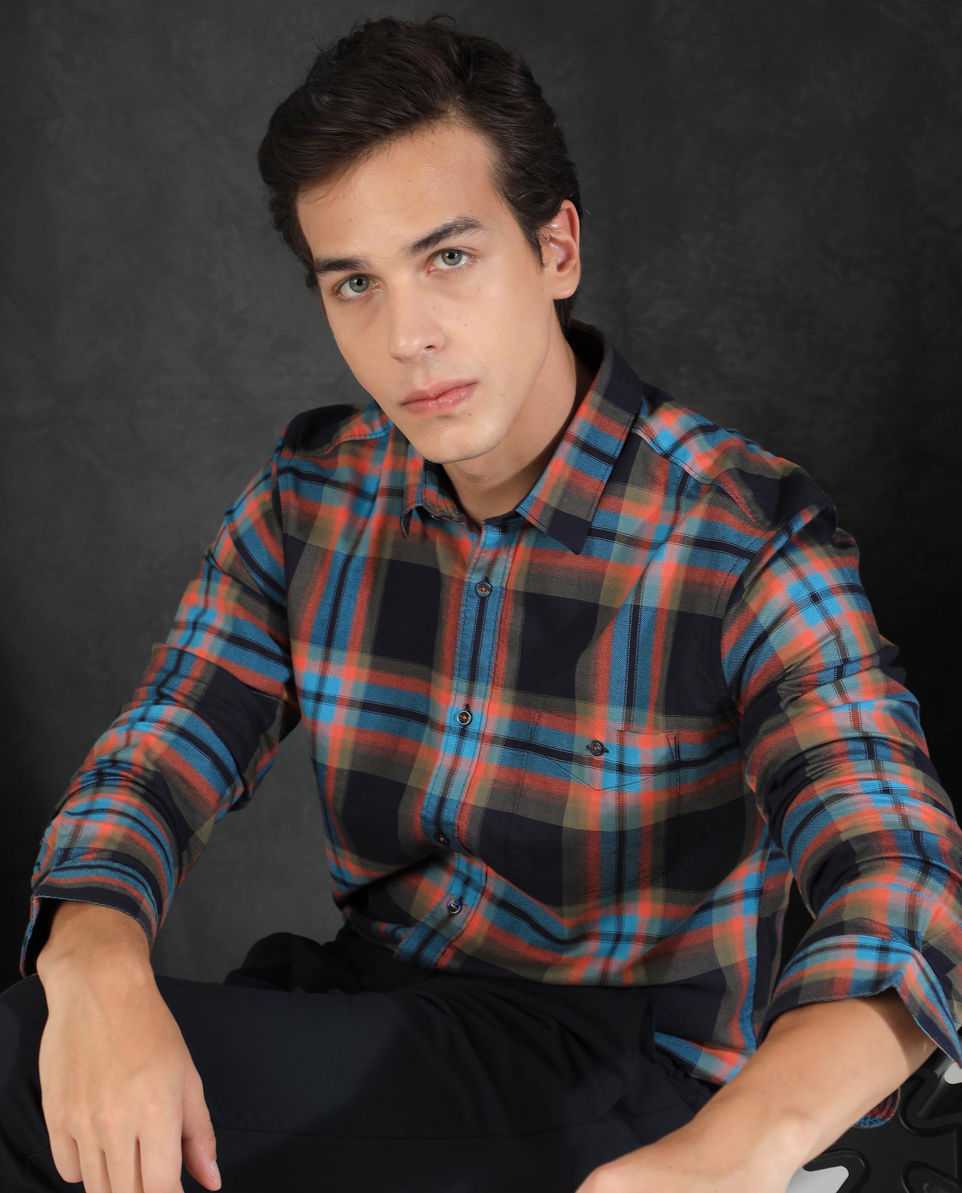 Rare Rabbit Men's Daneils Navy Cotton Fabric Full Sleeves Checks Shirt