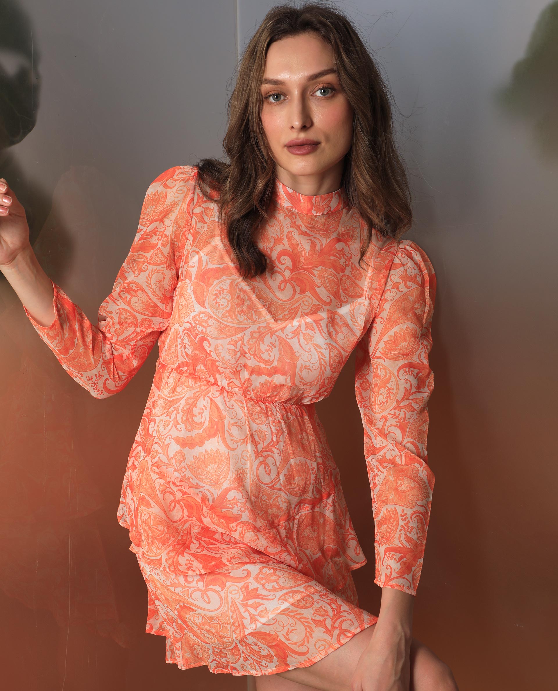 Rareism Women Claris Orange Cotton Fabric Full Sleeves High Neck Regular Fit Paisley Print Knee Length Dress