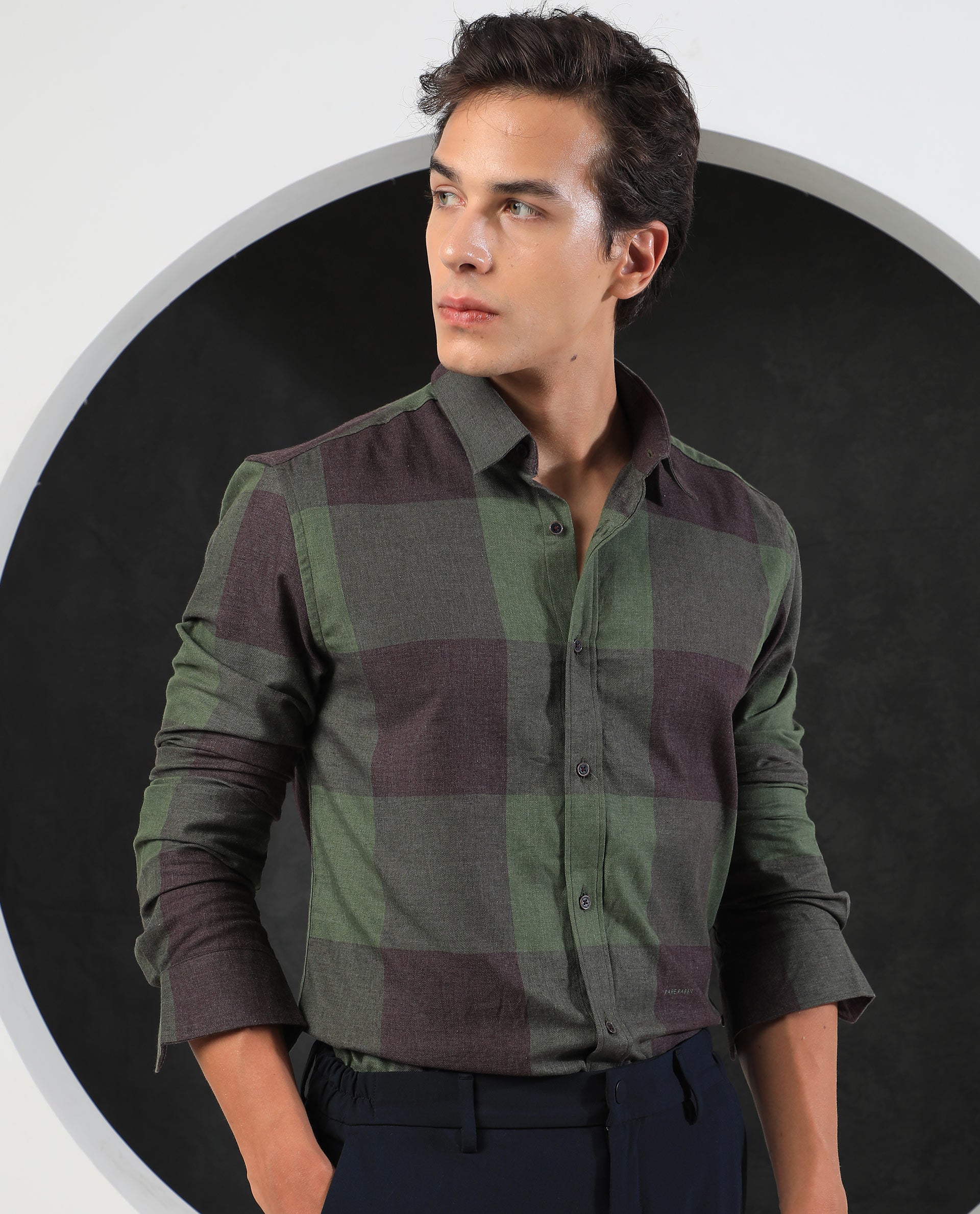 Rare Rabbit Men's Beavers Olive Cotton Polyester Fabric Full Sleeves Twill Checks Shirt