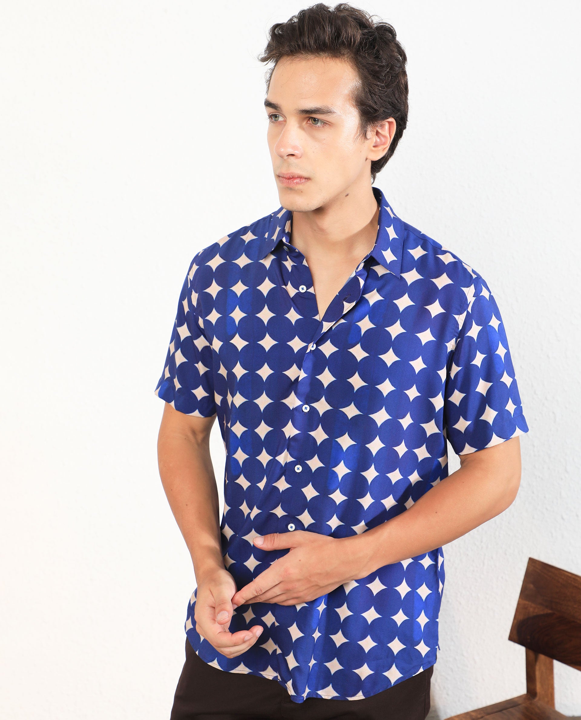 Rare Rabbit Men's Clinton Blue Viscose Fabric Geometric Print Half Sleeves Shirt