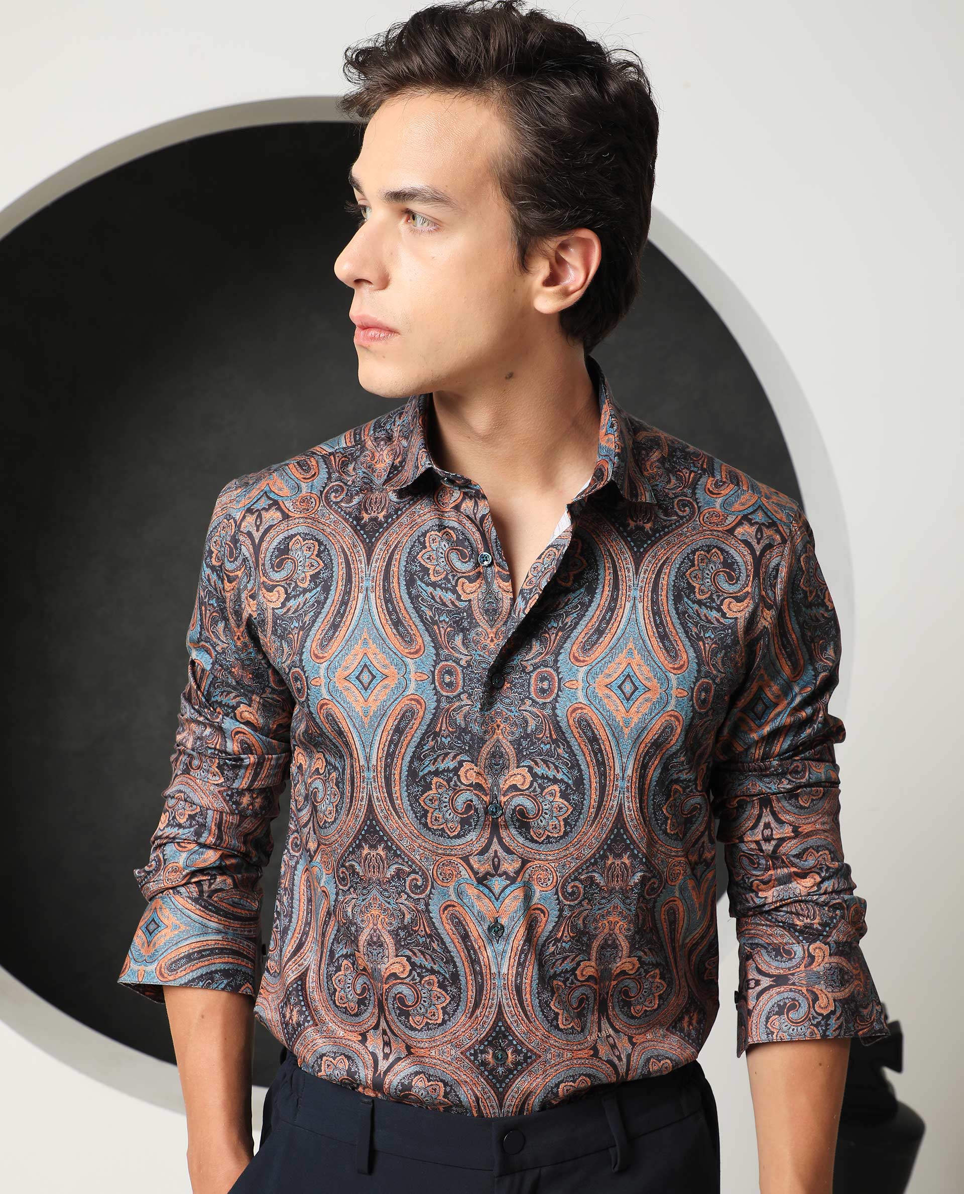 Rare Rabbit Men's Mergers Navy Cotton Fabric Full Sleeves Paisley Print Shirt