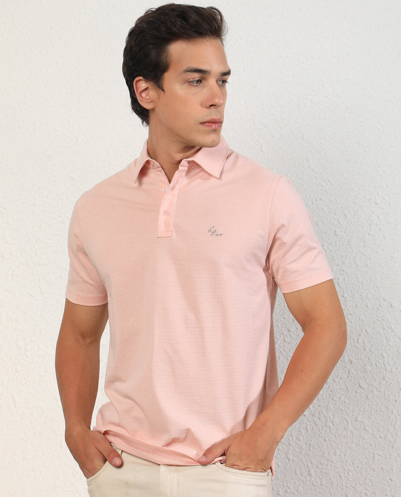 Rare Rabbit Men's Tunas Light Pink Cotton Polyester Fabric Collared Neck Half Sleeves Striped Polo T-Shirt