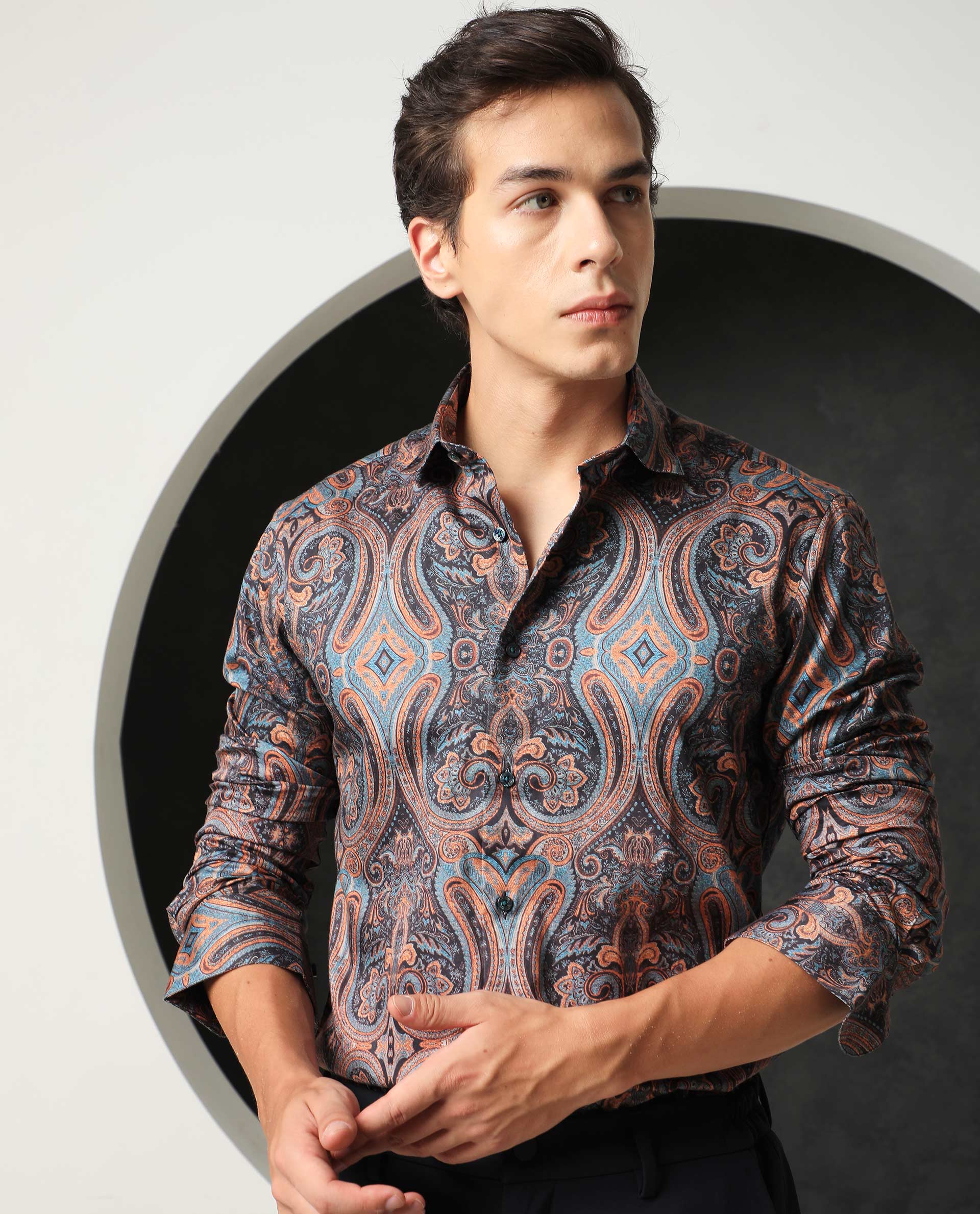 Rare Rabbit Men's Mergers Navy Cotton Fabric Full Sleeves Paisley Print Shirt
