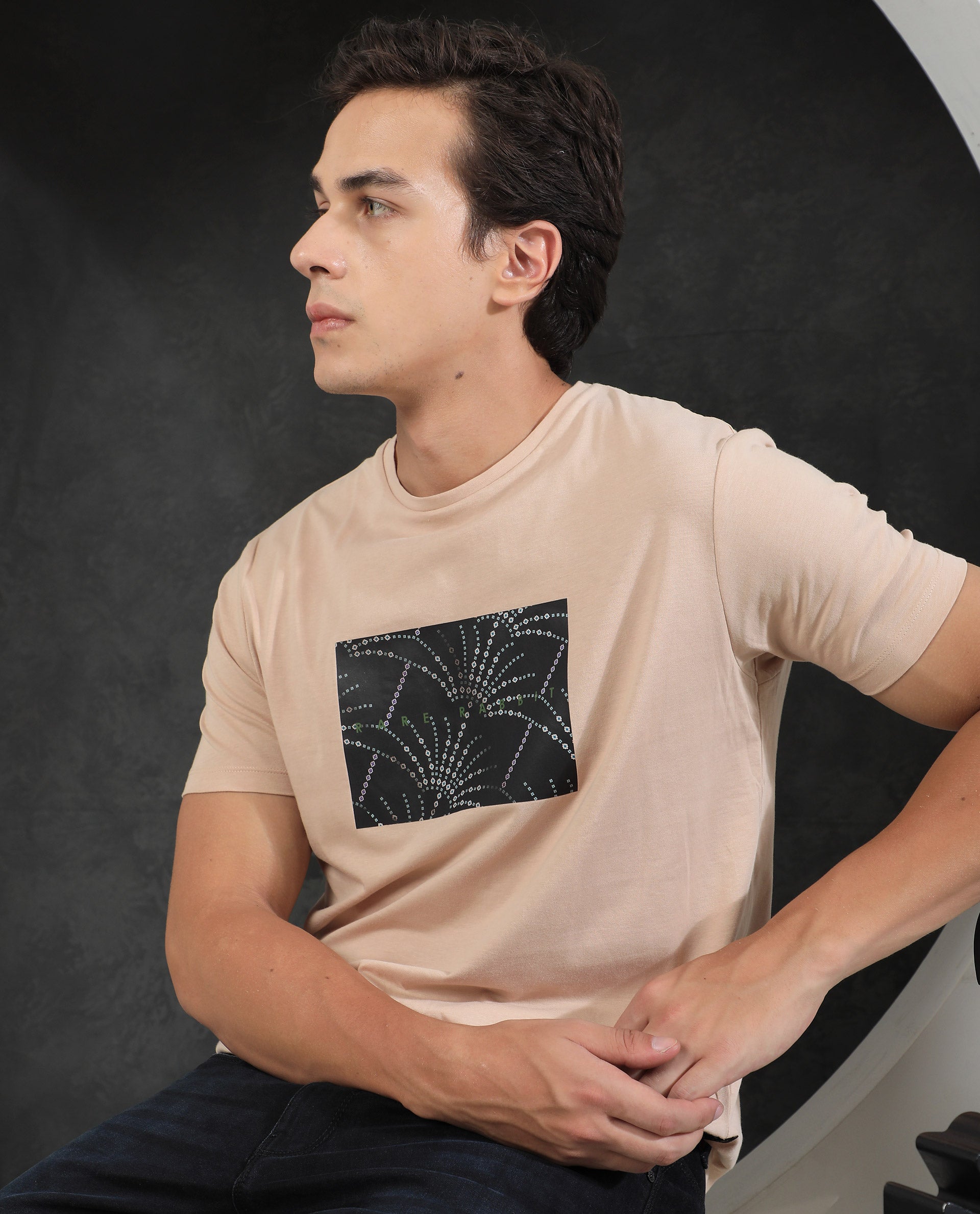 Rare Rabbit Men's Glams Beige Crew Neck Abstract Graphic Logo Printed T-Shirt