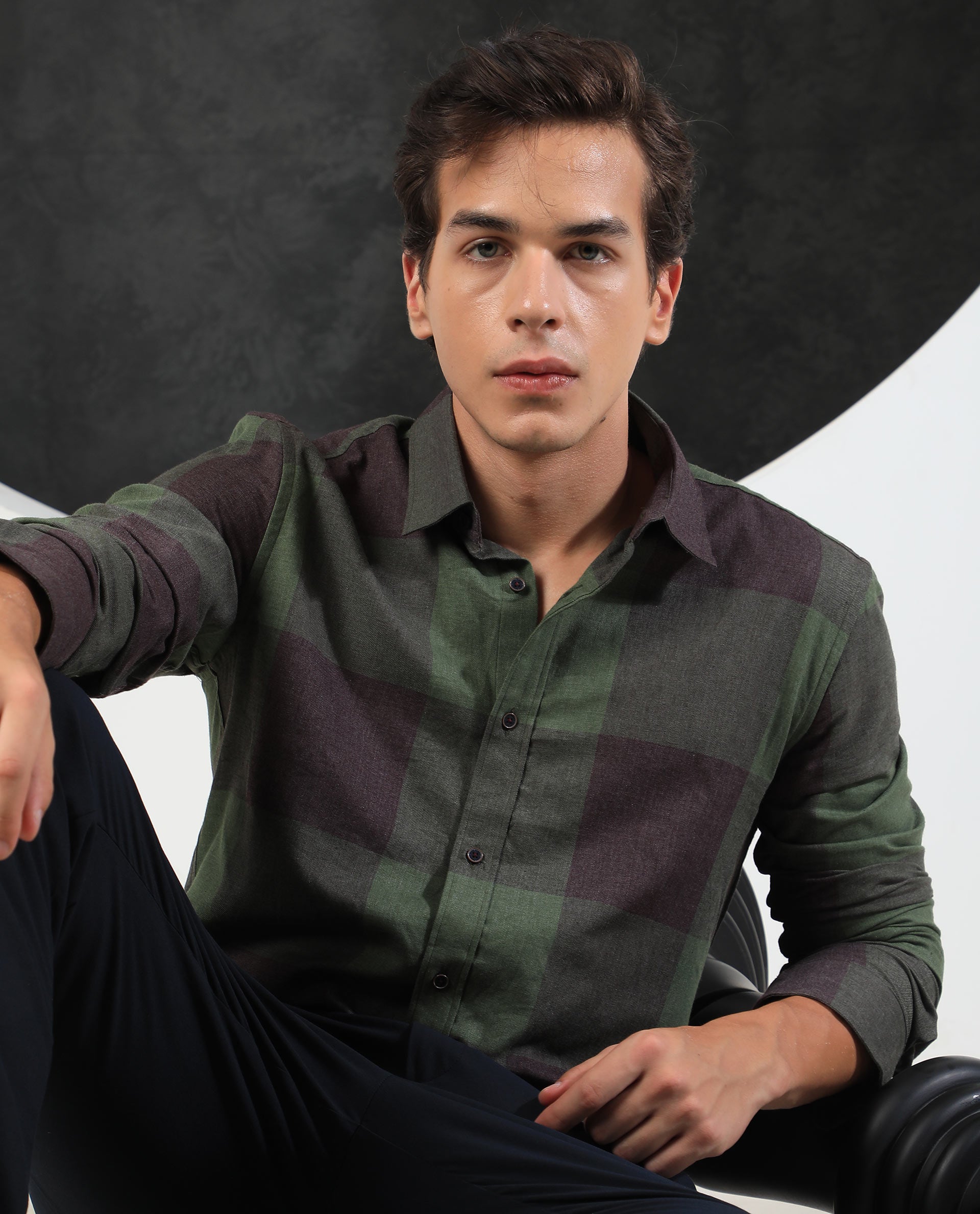 Rare Rabbit Men's Beavers Olive Cotton Polyester Fabric Full Sleeves Twill Checks Shirt