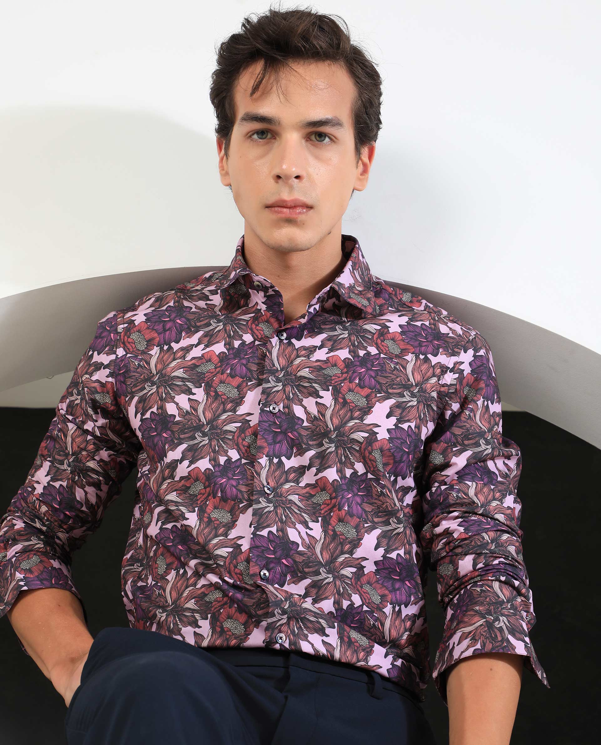 Rare Rabbit Men's Ezees Purple Cotton Fabric Floral Print Full Sleeves Shirt