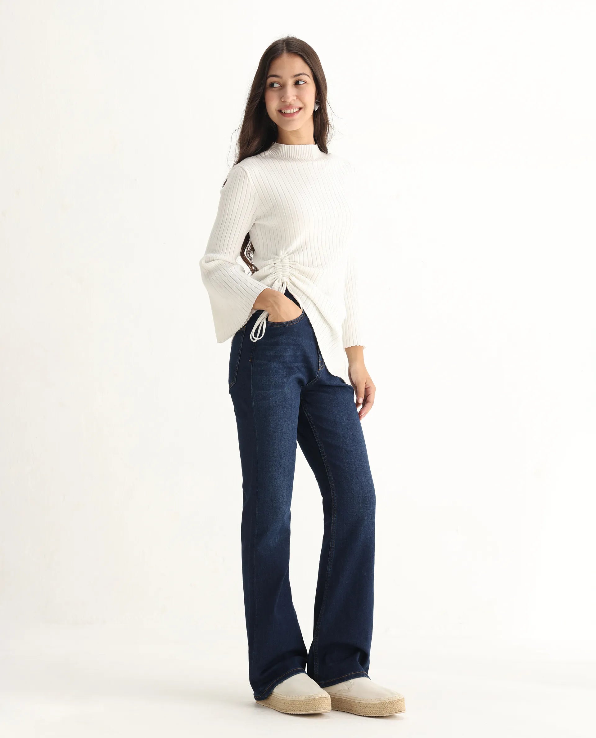 Rareism Women's Hadley Dark Blue Cotton Blend Plain Ankle Length Iconic Bootcut Jeans