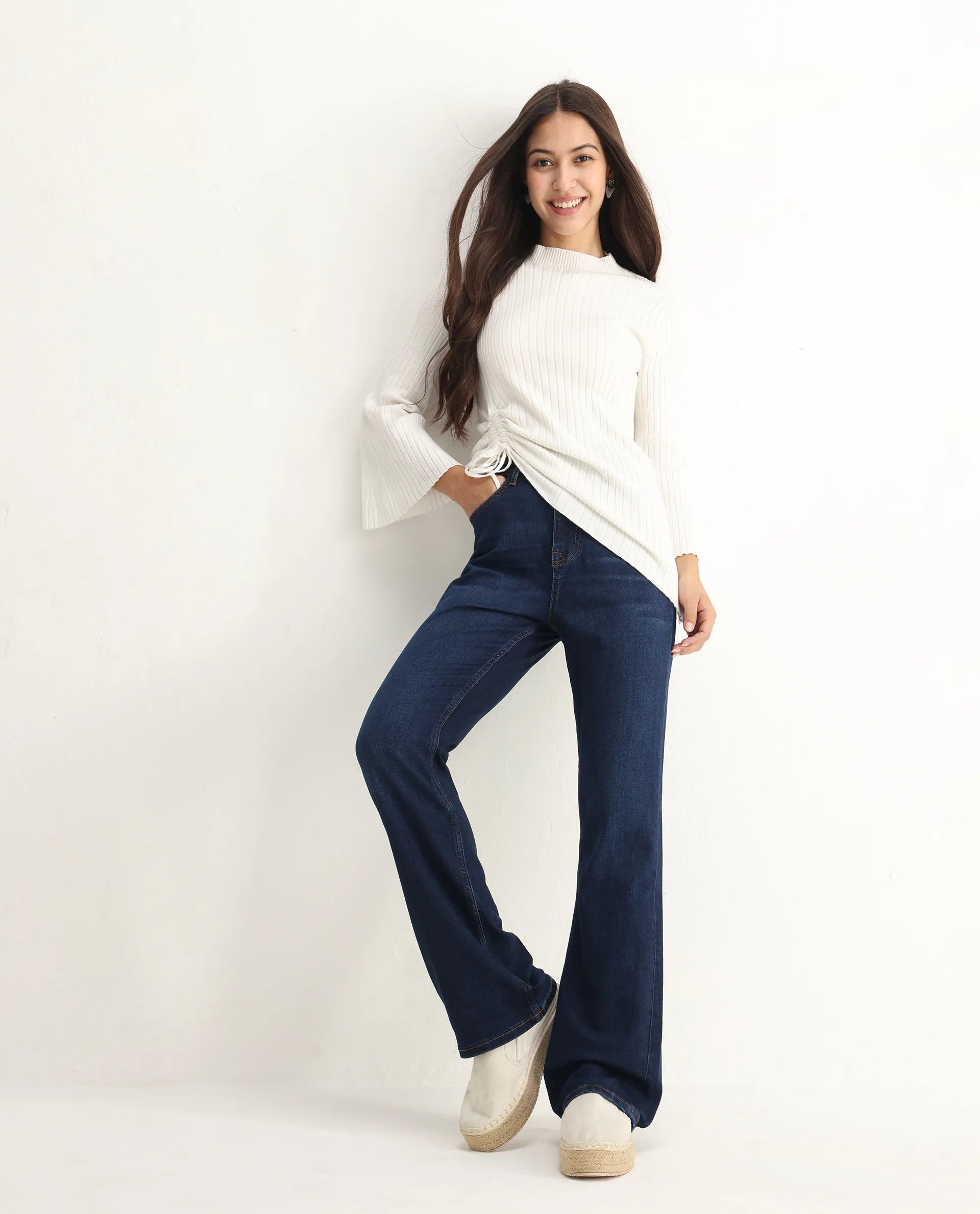 Rareism Women's Hadley Dark Blue Cotton Blend Plain Ankle Length Iconic Bootcut Jeans