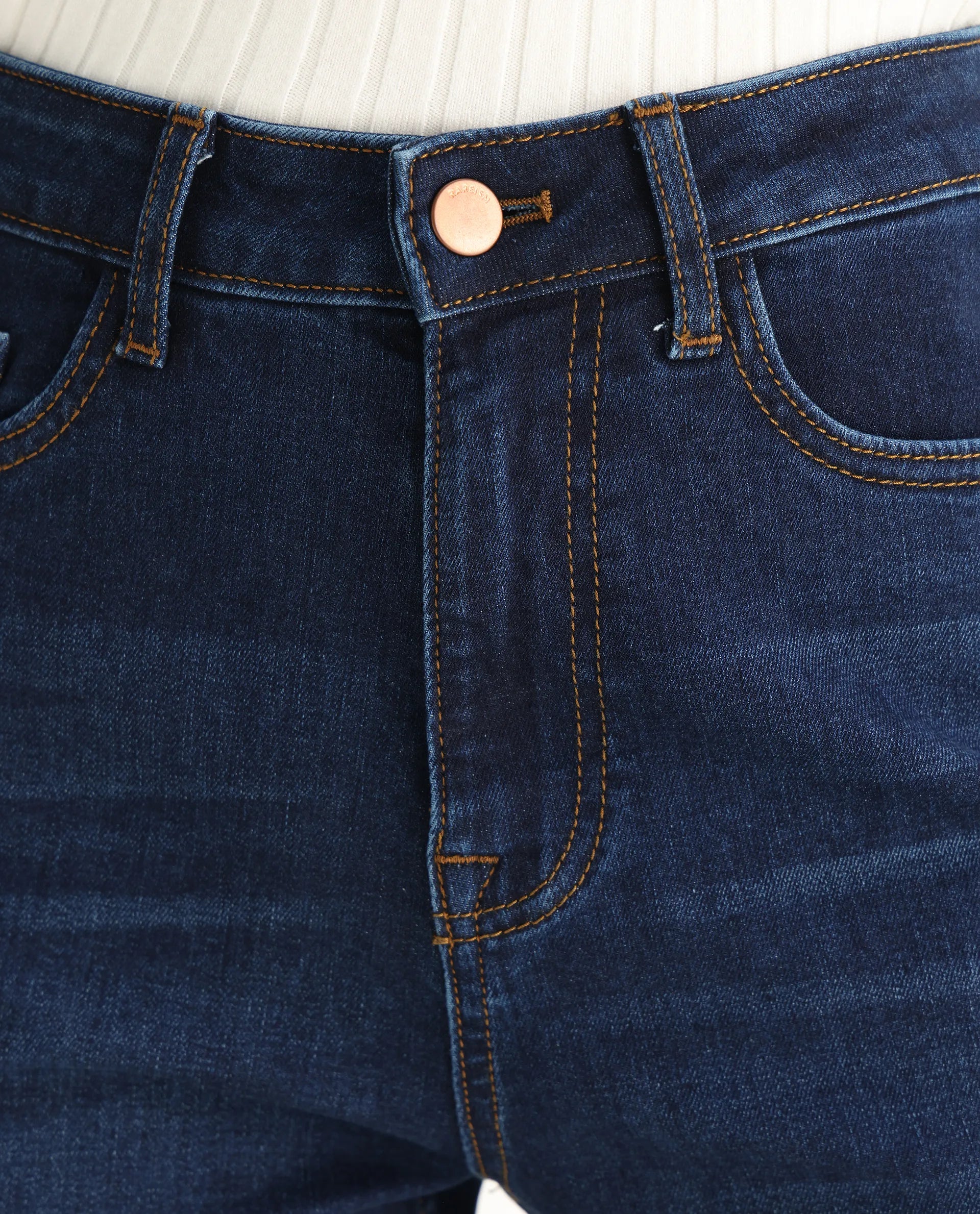 Rareism Women's Hadley Dark Blue Cotton Blend Plain Ankle Length Iconic Bootcut Jeans