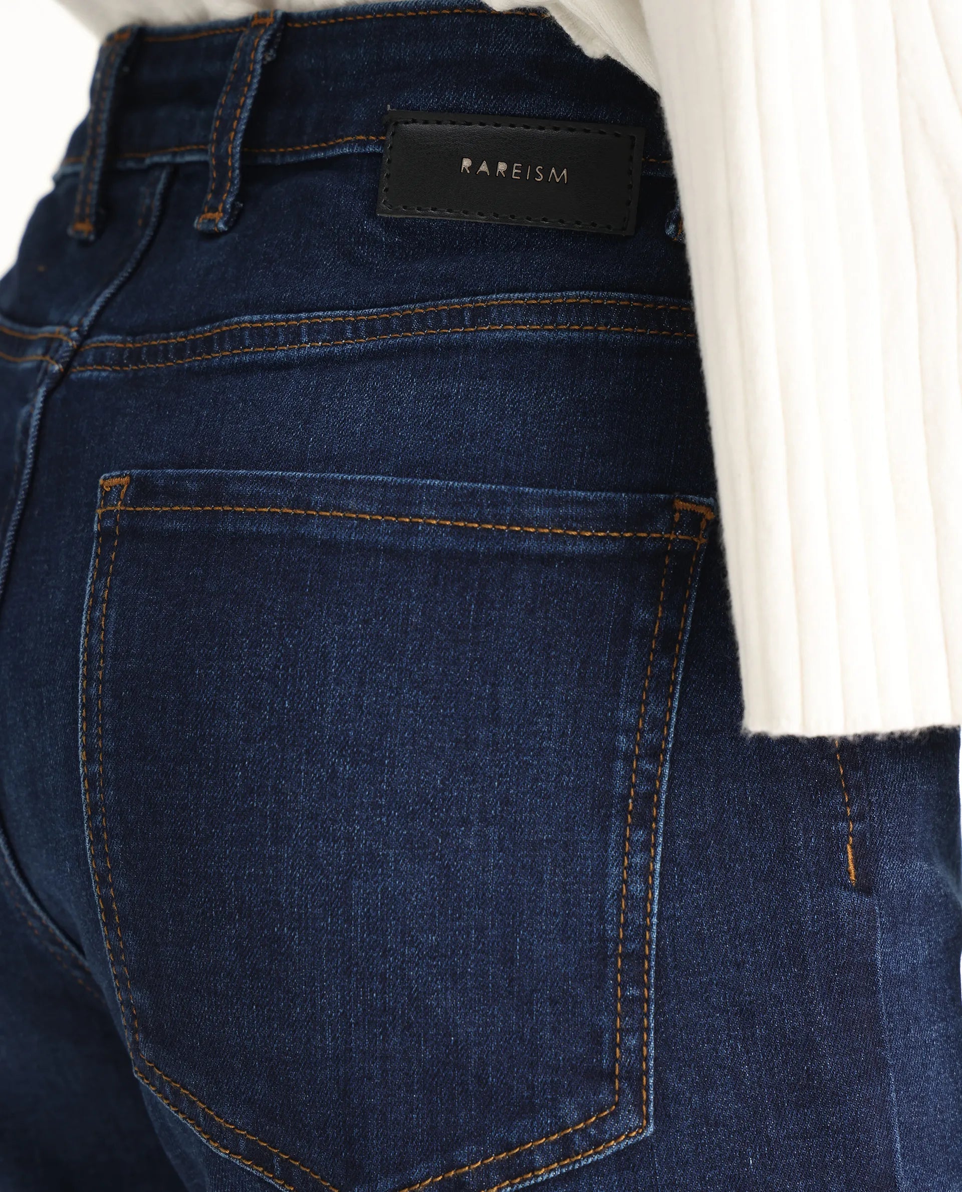 Rareism Women's Hadley Dark Blue Cotton Blend Plain Ankle Length Iconic Bootcut Jeans