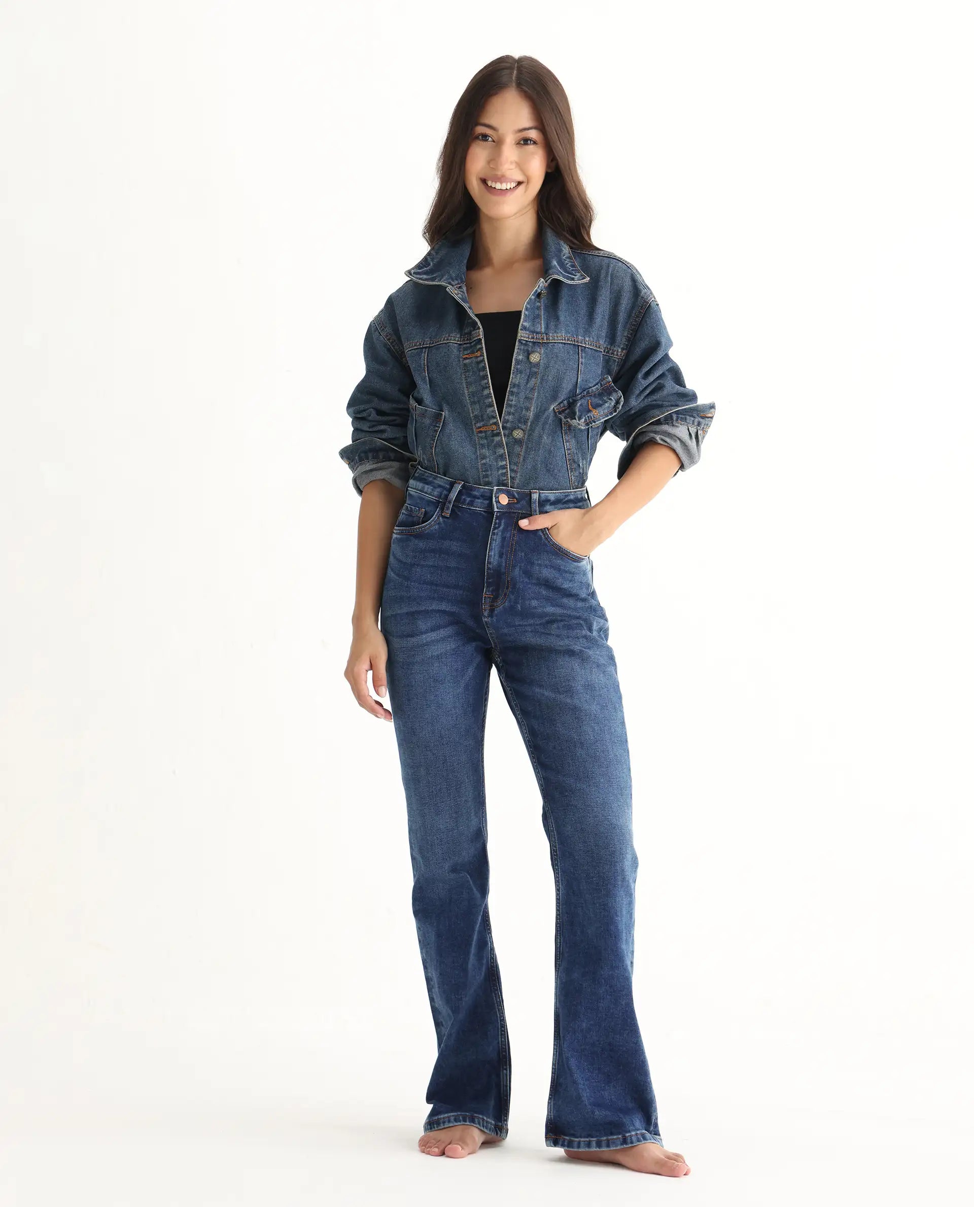 Rareism Women's Hadley Blue Cotton Blend Plain Ankle Length Iconic Bootcut Jeans