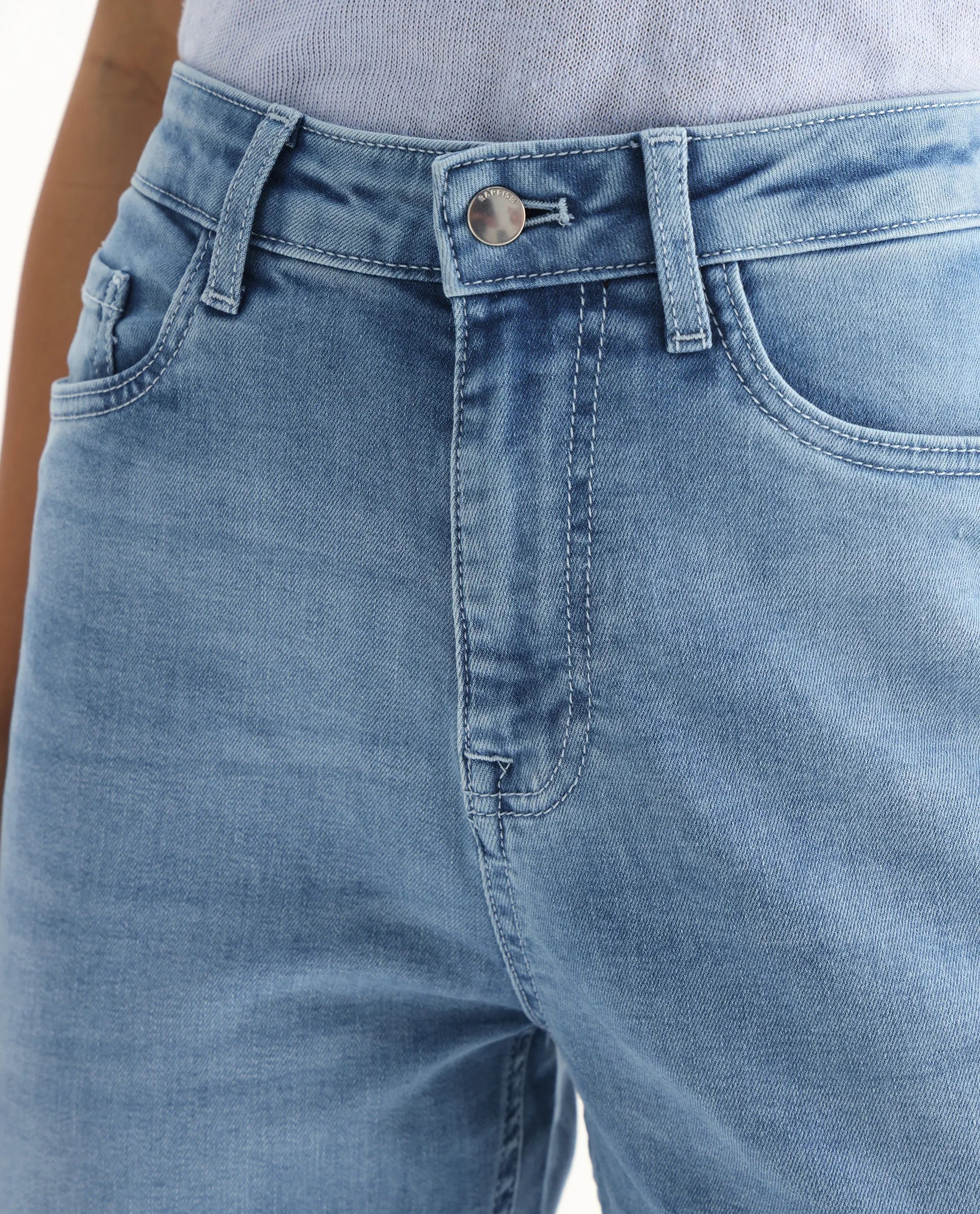 Rareism Women's Hadley Pastel Blue Cotton Blend Plain Ankle Length Bootcut Jeans