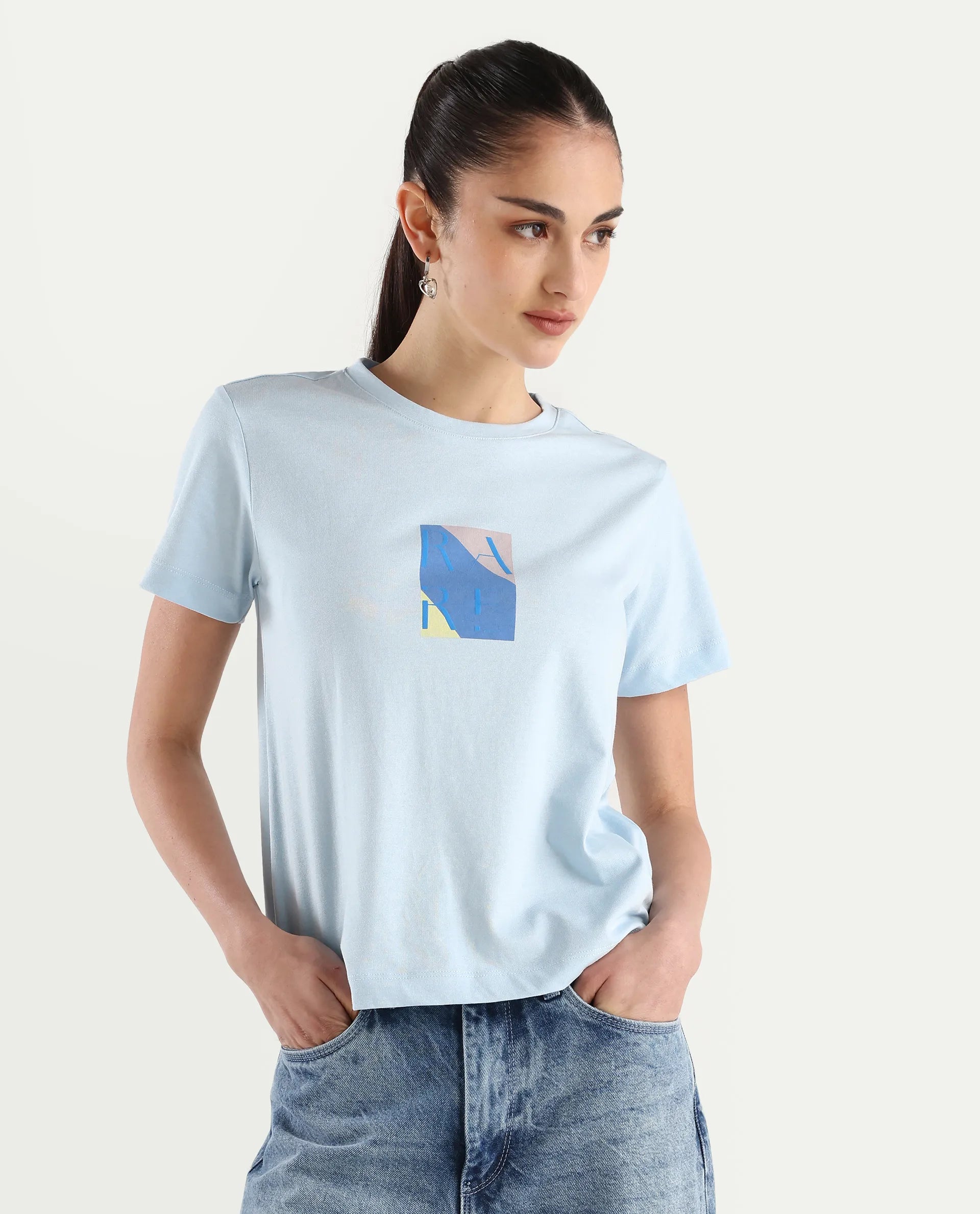 Rareism Women's Hanna Light Blue Cotton Blend Crew Neck Graphic Print Regular Fit T-Shirt