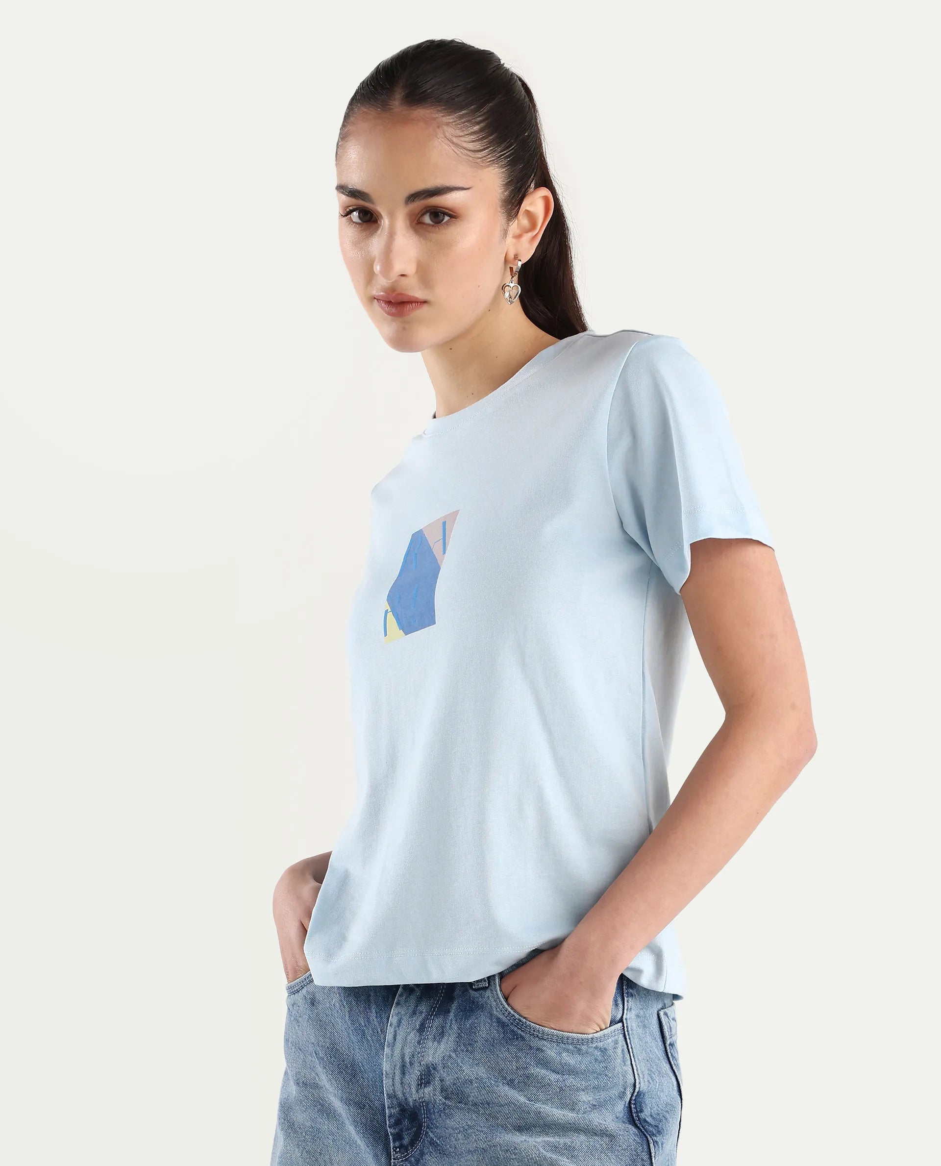 Rareism Women's Hanna Light Blue Cotton Blend Crew Neck Graphic Print Regular Fit T-Shirt