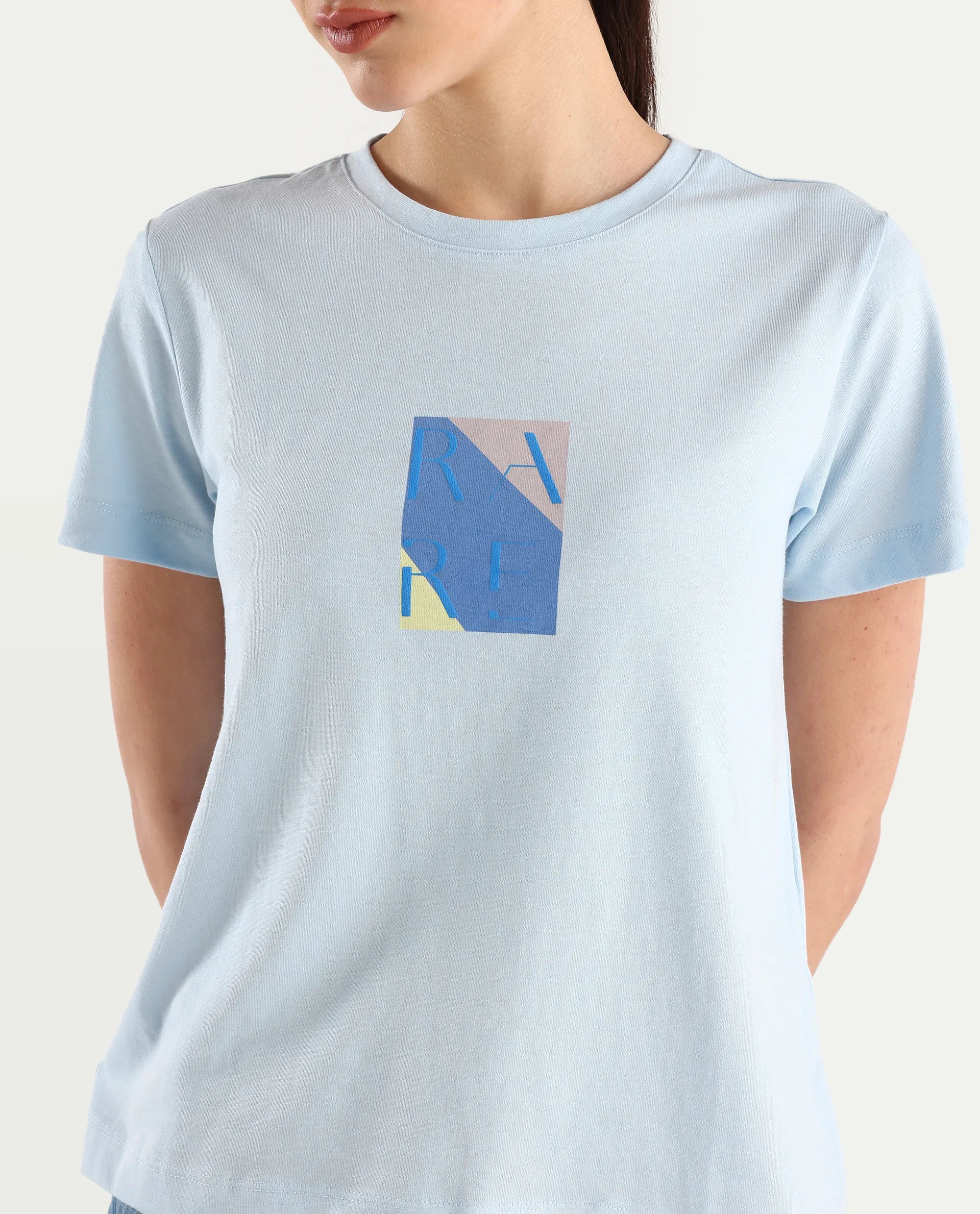 Rareism Women's Hanna Light Blue Cotton Blend Crew Neck Graphic Print Regular Fit T-Shirt