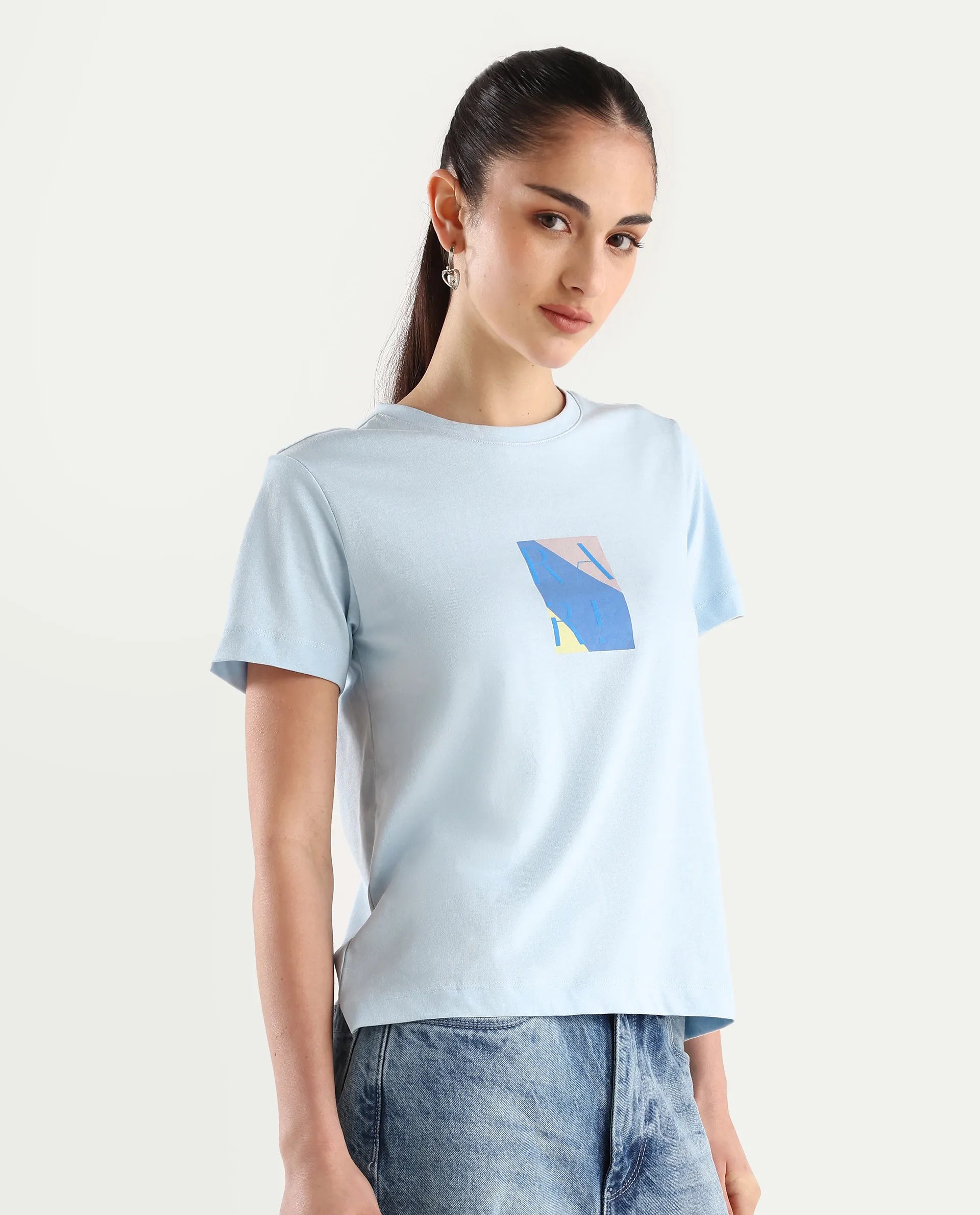 Rareism Women's Hanna Light Blue Cotton Blend Crew Neck Graphic Print Regular Fit T-Shirt