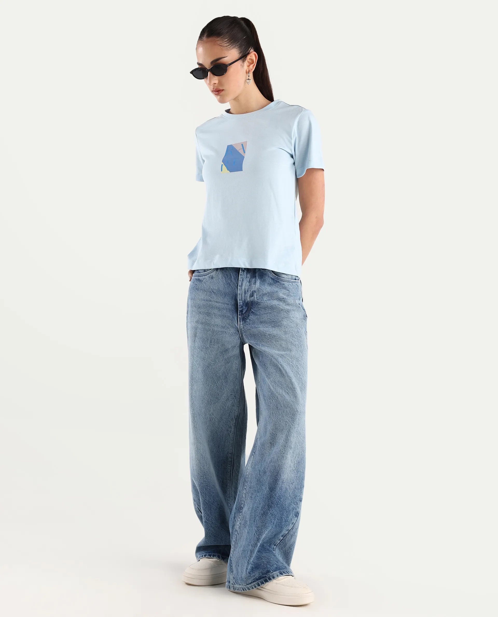 Rareism Women's Hanna Light Blue Cotton Blend Crew Neck Graphic Print Regular Fit T-Shirt
