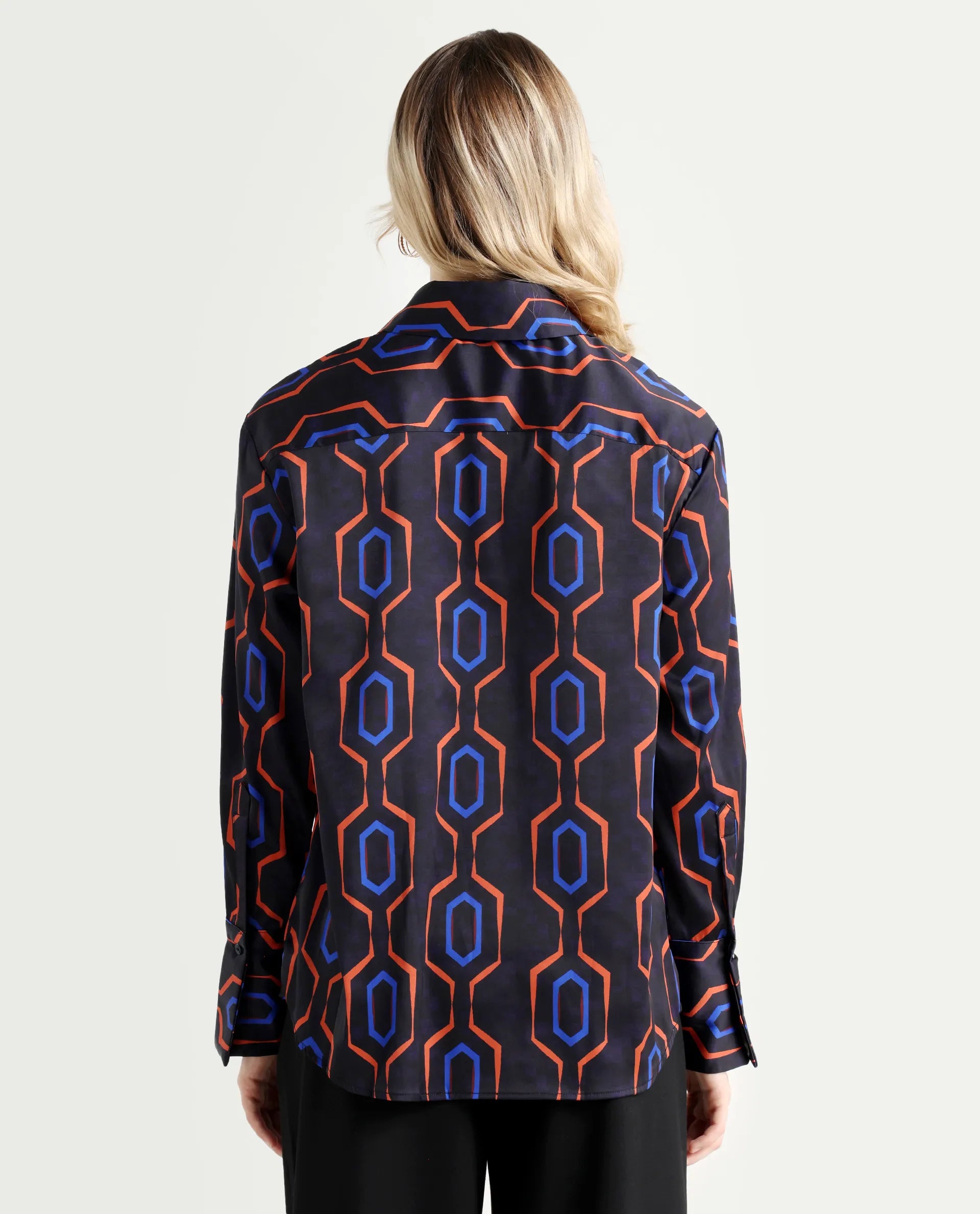 Rareism Women's Harbe Black Polyester Spread Collar Geometric Print Regular Fit Shirt