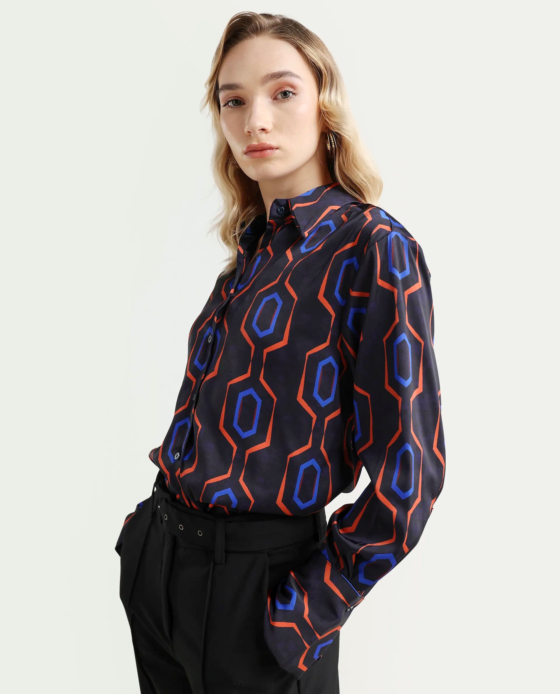 Rareism Women's Harbe Black Polyester Spread Collar Geometric Print Regular Fit Shirt