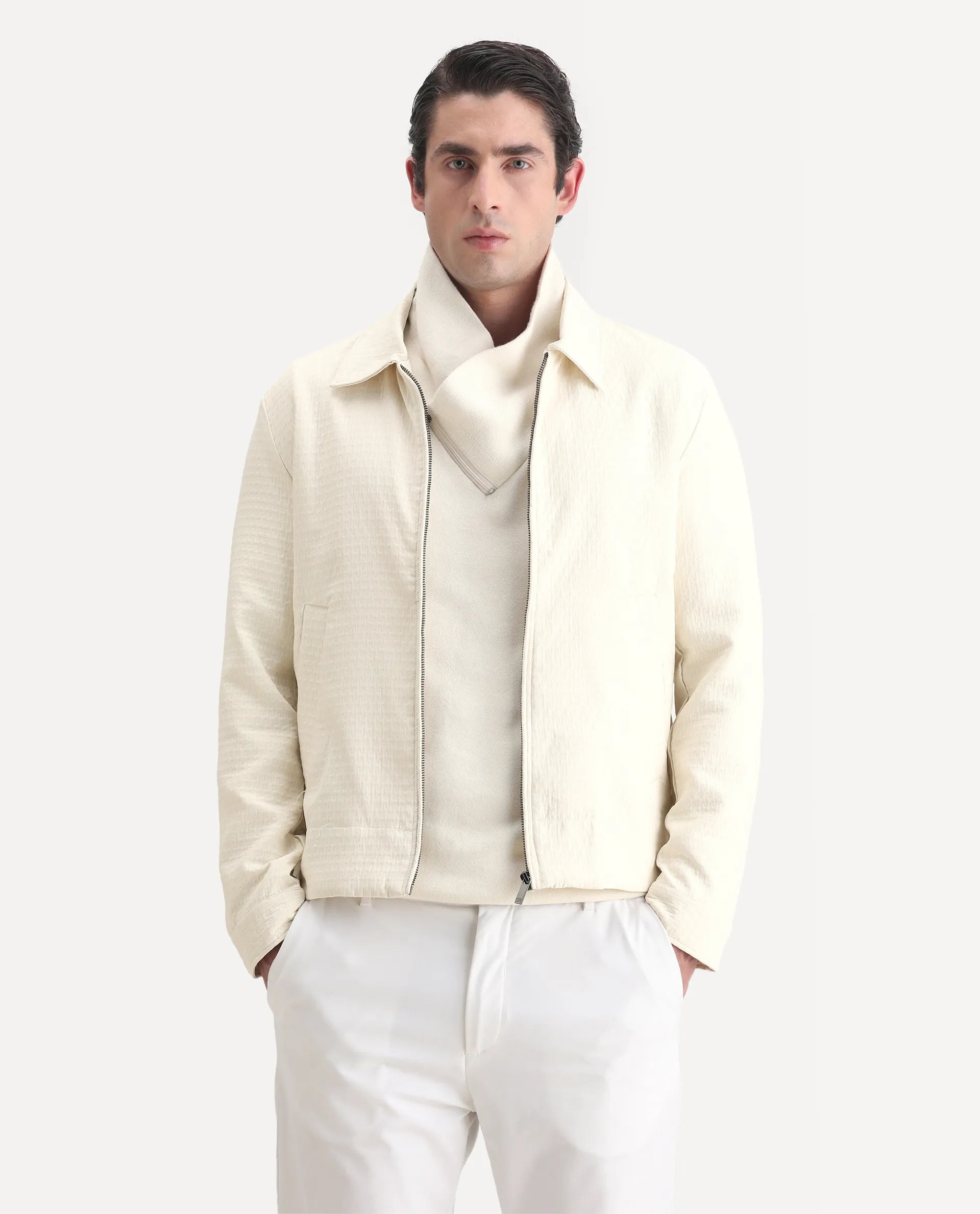 Rare Rabbit Men's Harbin Off White Polyester Jacquard Regular Fit Full