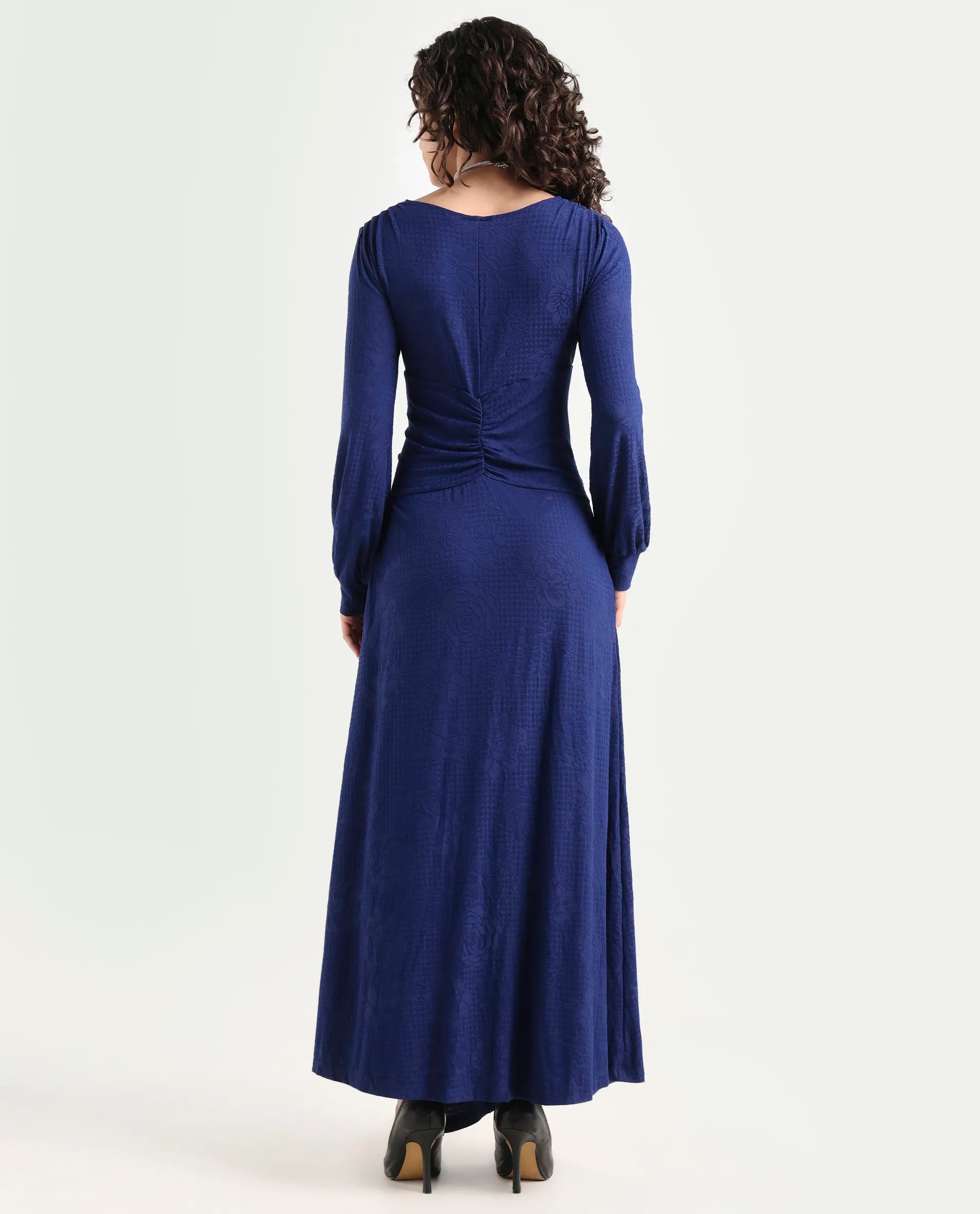 Rareism Women's Harpa Navy Polyester V-Neck Plain Bishop Sleeve Maxi Regular Fit Dress