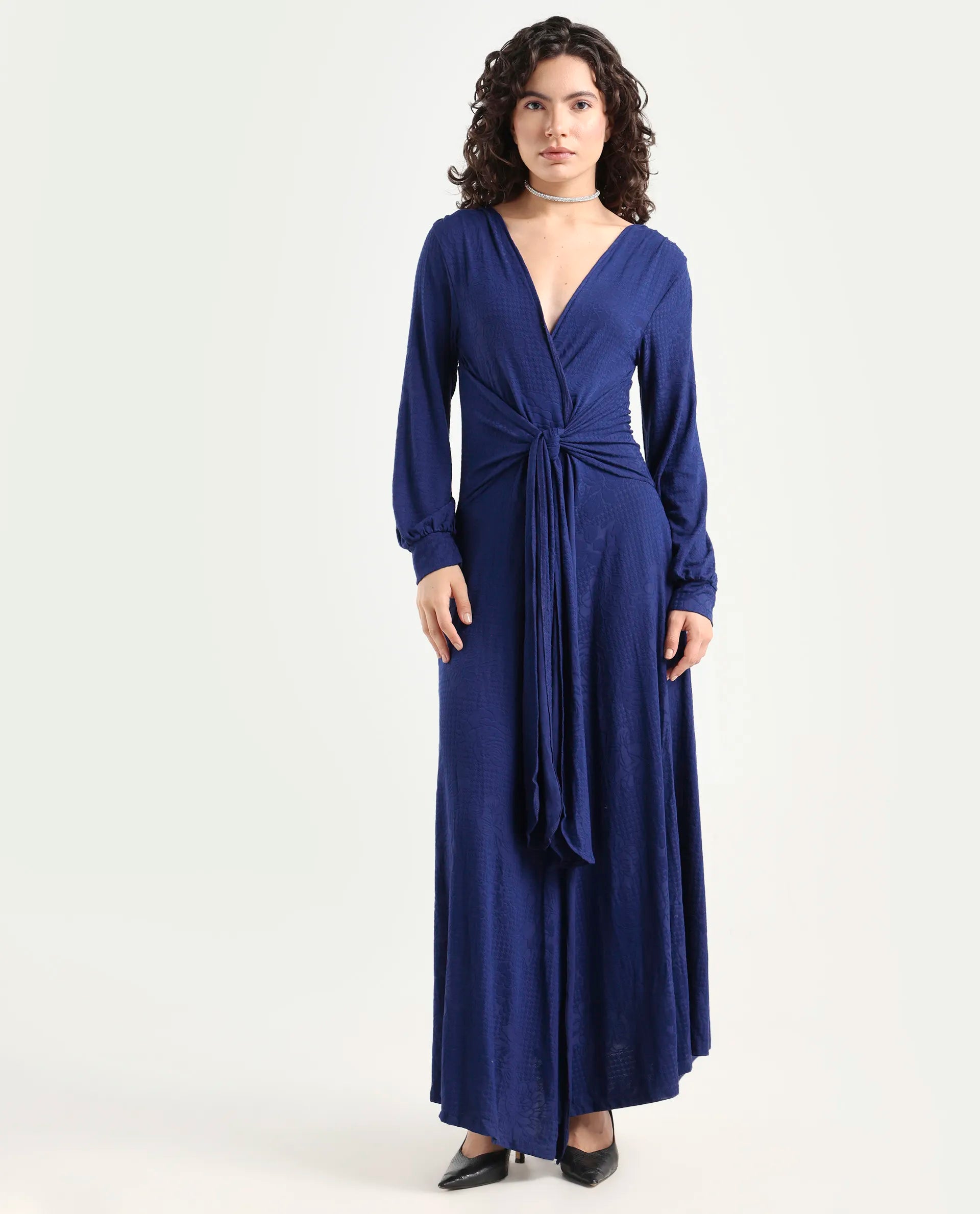 Rareism Women's Harpa Navy Polyester V-Neck Plain Bishop Sleeve Maxi Regular Fit Dress