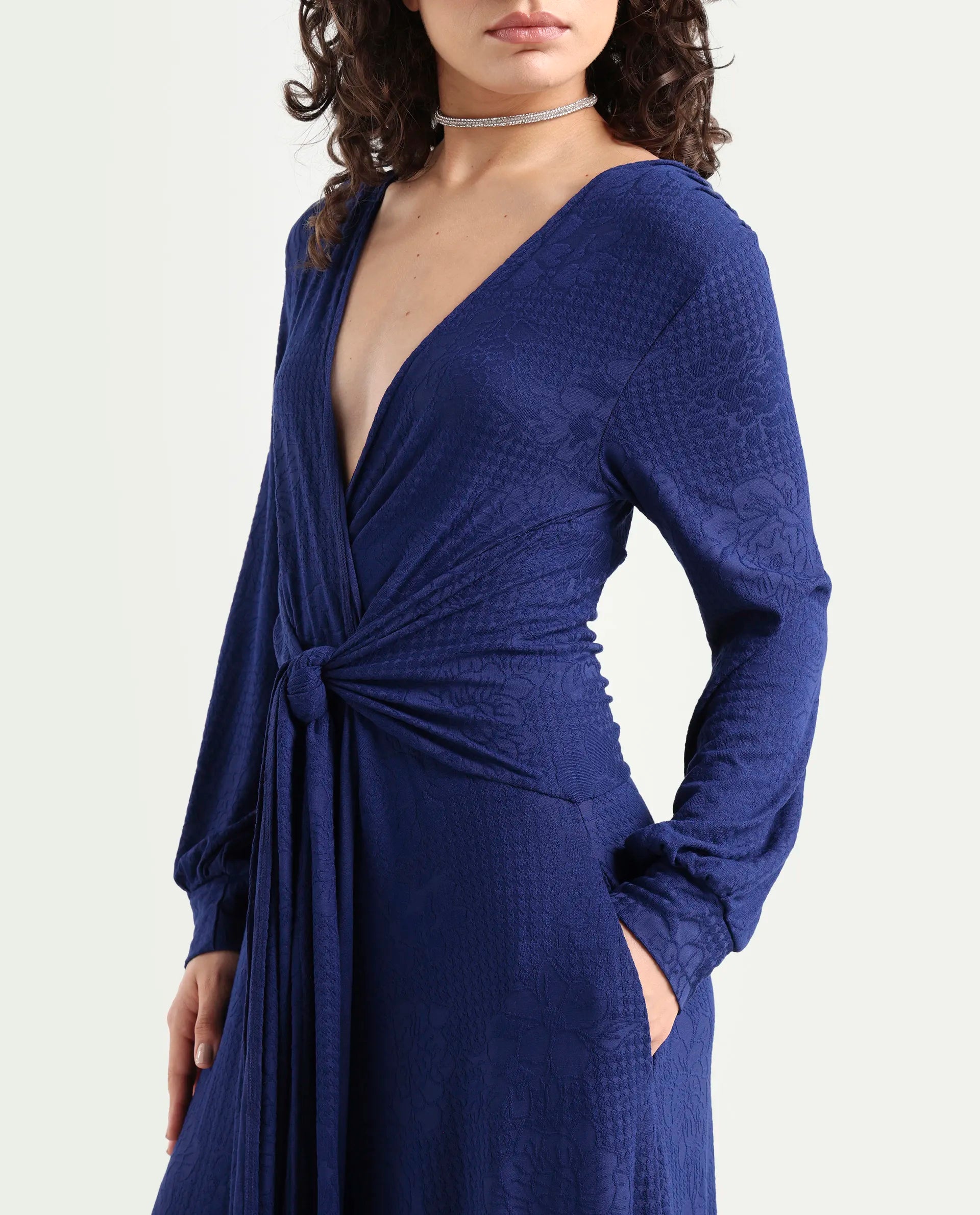 Rareism Women's Harpa Navy Polyester V-Neck Plain Bishop Sleeve Maxi Regular Fit Dress