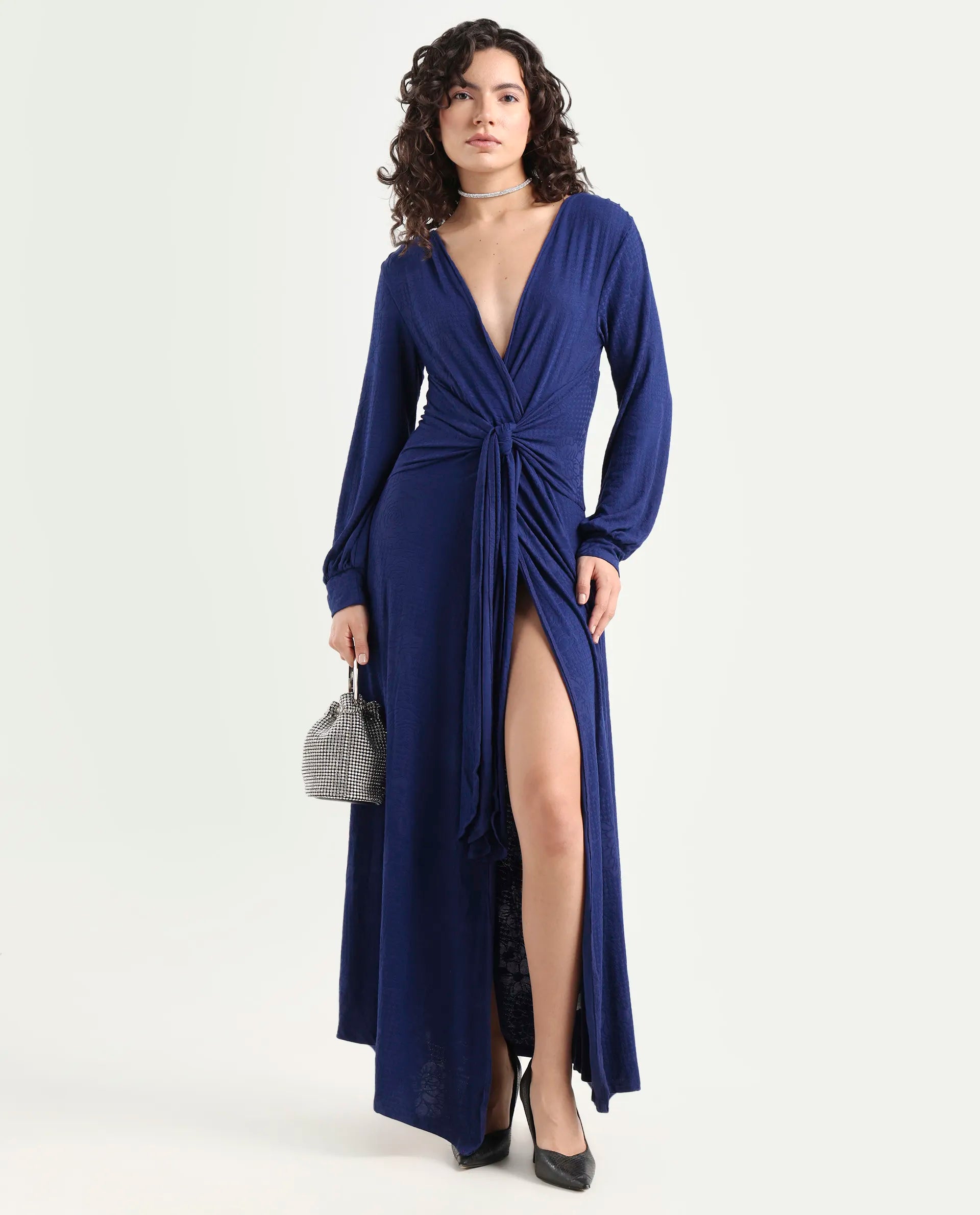 Rareism Women's Harpa Navy Polyester V-Neck Plain Bishop Sleeve Maxi Regular Fit Dress