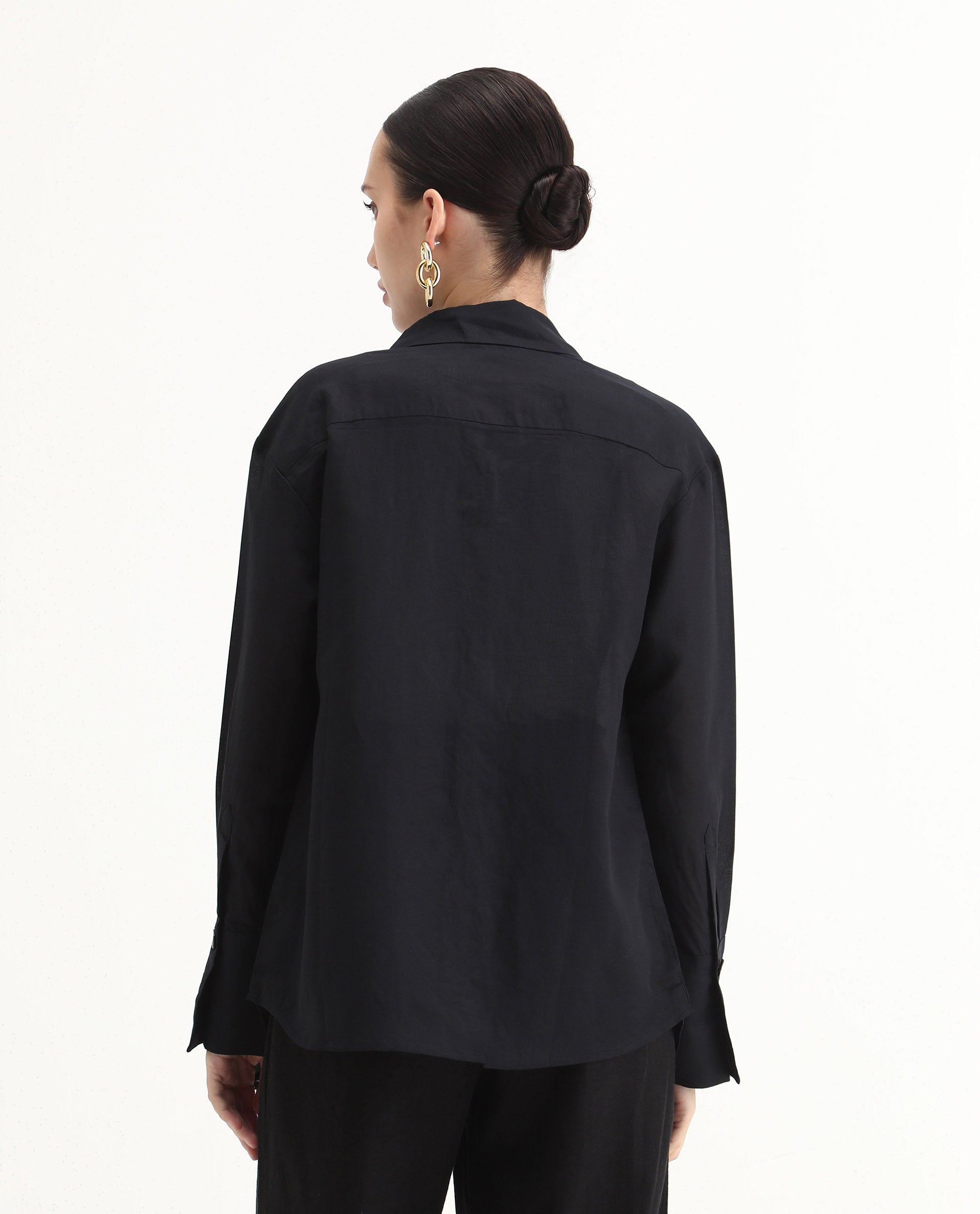 Rareism Women's Harper Black Linen Spread Collar Plain Regular Fit Top