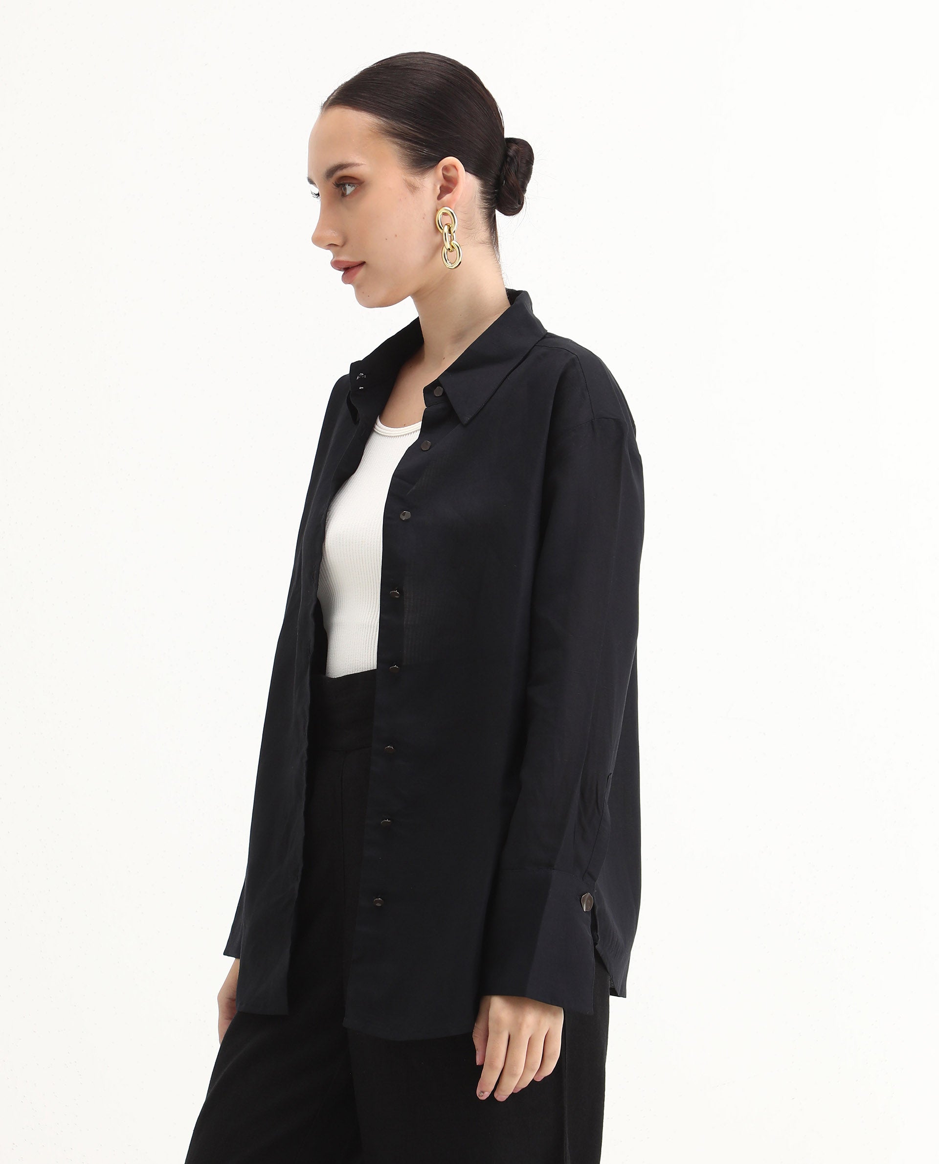 Rareism Women's Harper Black Linen Spread Collar Plain Regular Fit Top