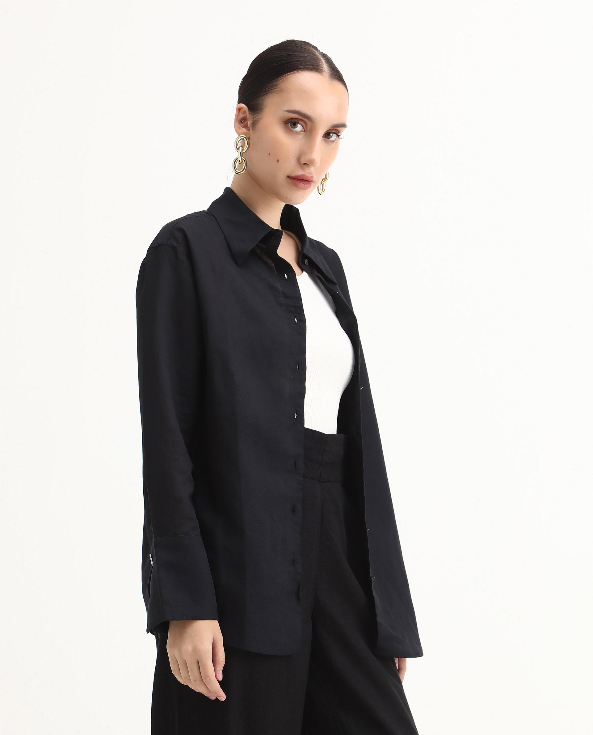 Rareism Women's Harper Black Linen Spread Collar Plain Regular Fit Top
